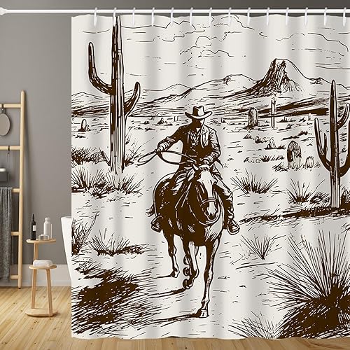 Miniatura 34 de Cortina de ducha occidental con ganchos, 72 x 72 pulgadas, cortina de baño de poliéster impermeable (botas, cactus calavera, toro) 72×72 Botas