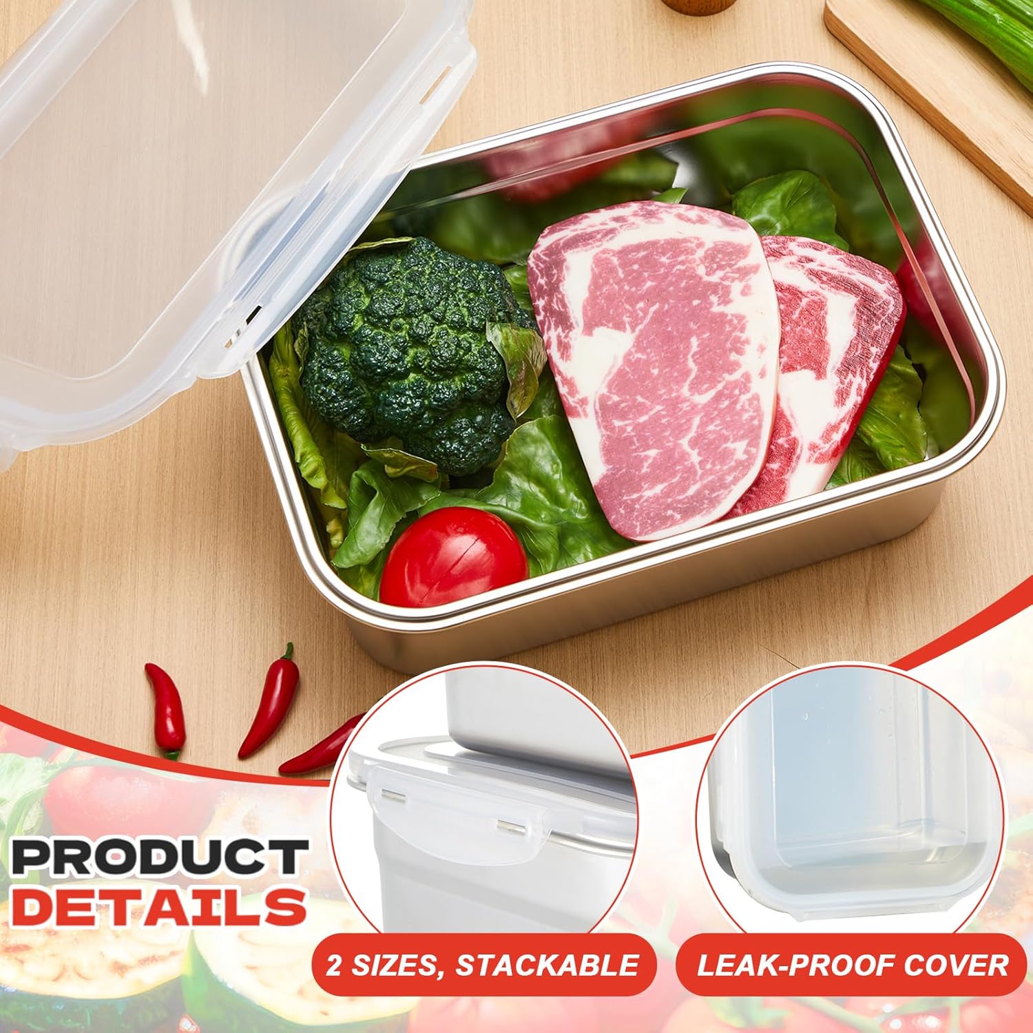 2pcs Large Stainless Steel Marinating Containers with Lids, Food Storage Containers for Refrigerator, Leak-proof & Stackable for Meal Prep,Turkey, Meat, Bacon(284oz/8.4l + 203oz/6l) - Image 6