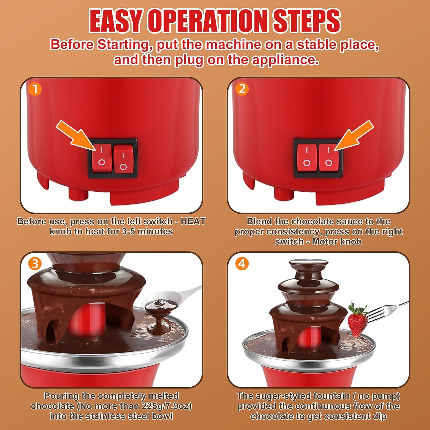 7.9oz Mini Chocolate Fondue Fountain, Mini Chocolate Melting Pot, MIni Warmer Machine with 6PCS Fondue Fork and Removal Fruits/Nuts/Treats Serving Tray for Milk Chocolate, Cheese, Butter, Candy