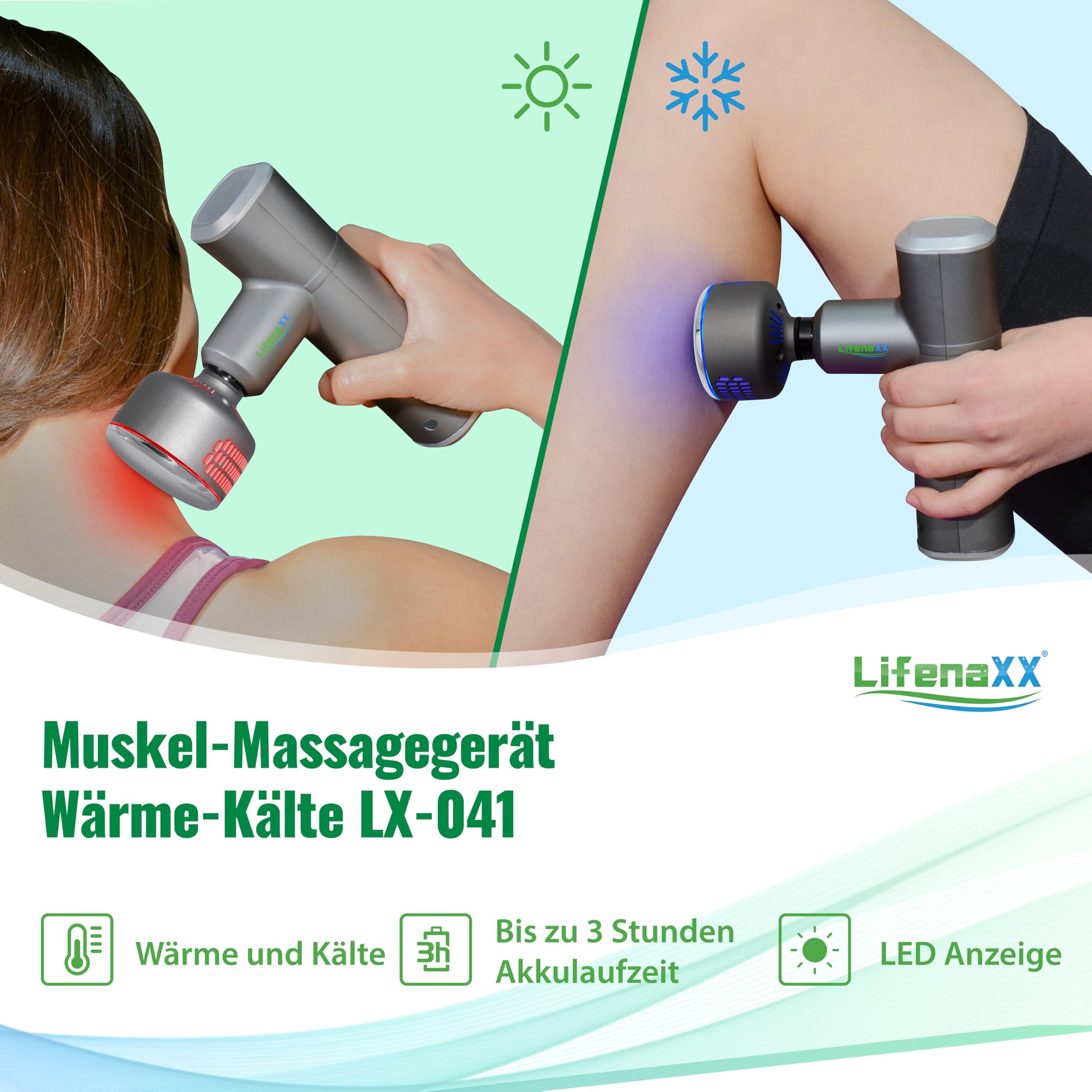 Lifenaxx Muskel-Massagegerät Wärme-Kälte-Therapie Pro LX-041 - Massagepistole mit Wärmefunktion & Kältefunktion in 6 Stufen, 5 Massageköpfe, 2000mAh Batterielaufzeit