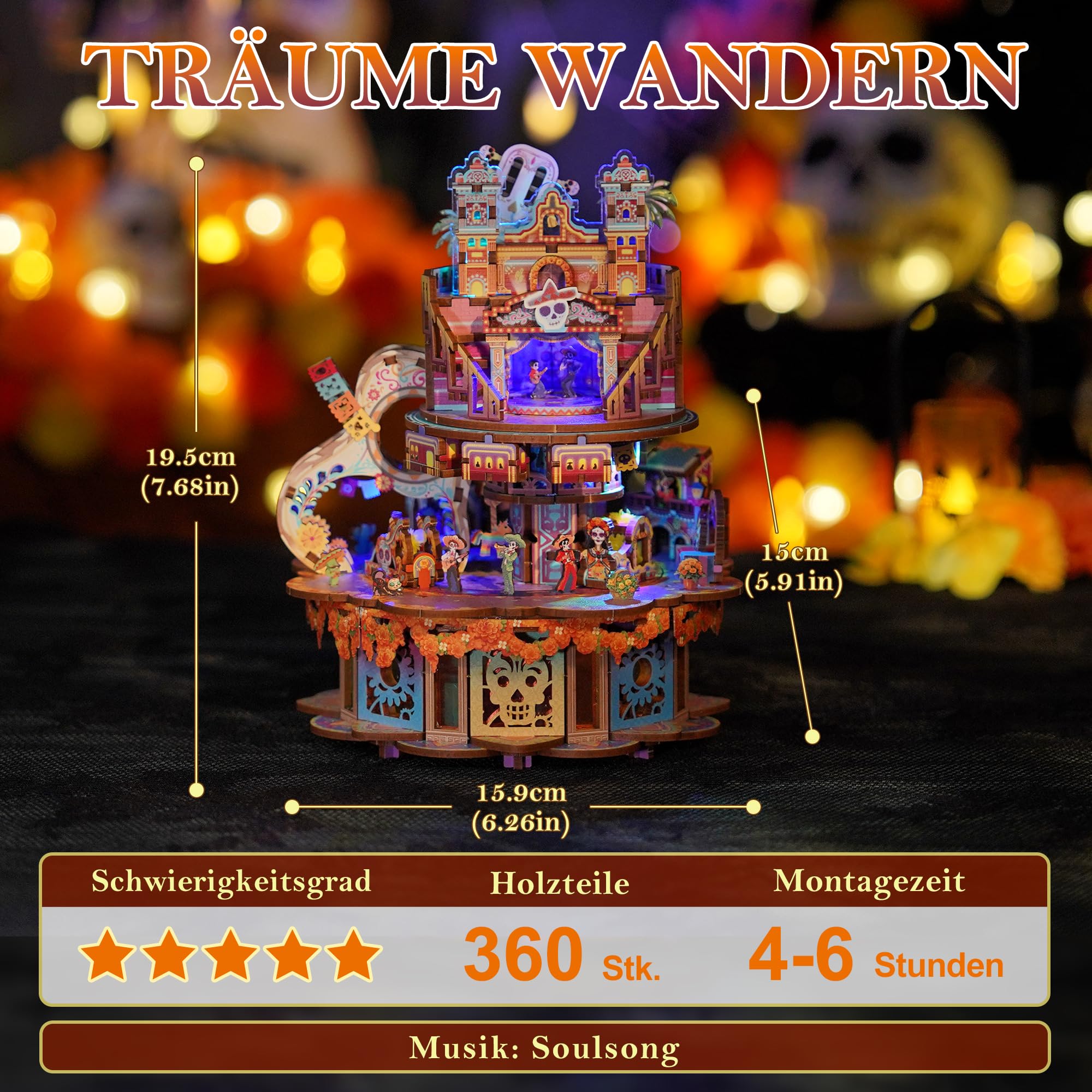 Tonecheer Spieluhr Holz 3D Puzzle, DIY Modellbausatz für Erwachsene, Drehbare Musikbox, Holzpuzzle Geschenke zur Hausdekoration Geschenk für Geburtstag Weihnachten（ Träume Wandern）
