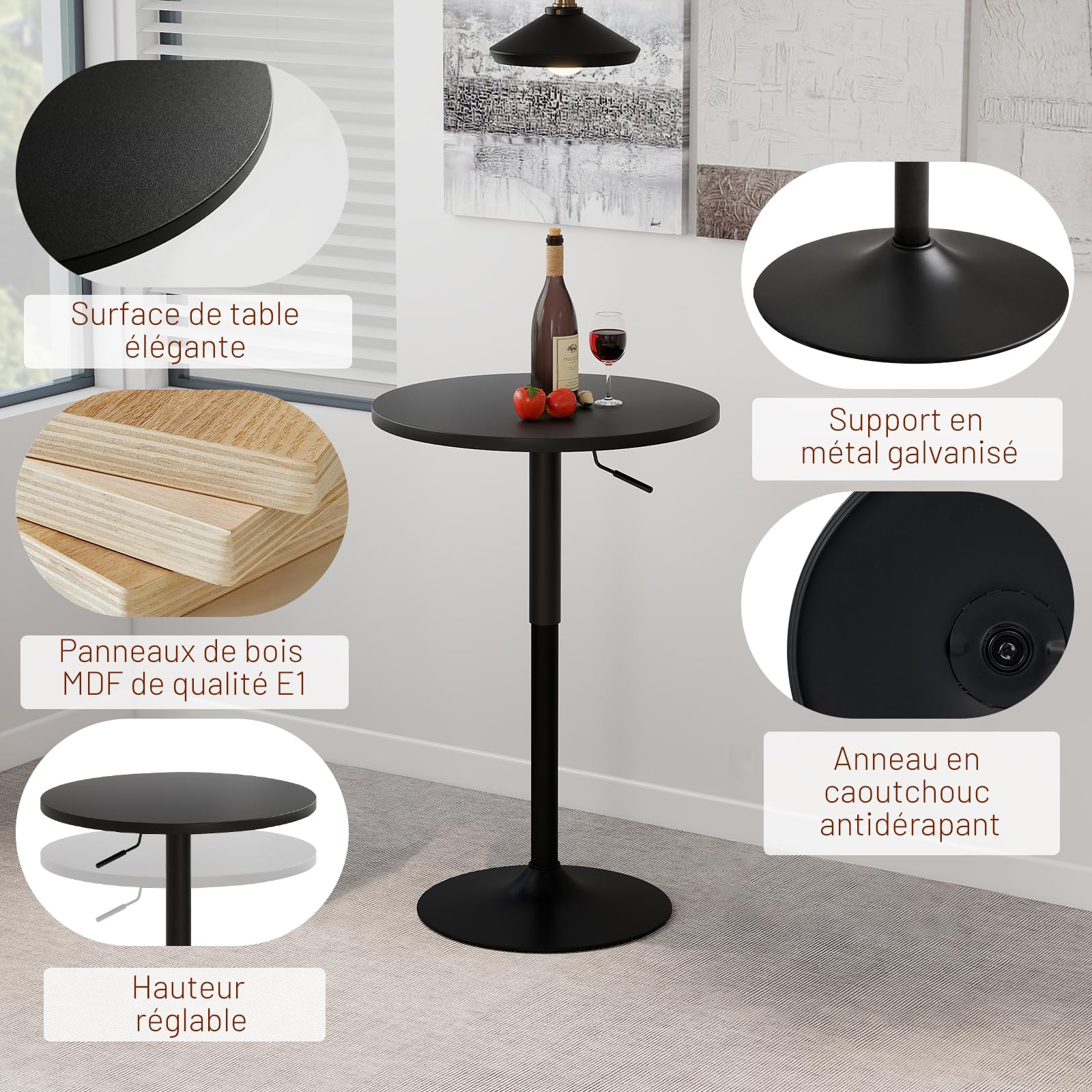 2er Set 2in1 Bartisch Runder Bistrotisch, Stehtisch 360° Drehbar Höhenverstellbar 70–91.5cm, Ø 60cm Partytisch aus Metall für Klub Wohnzimmer Küche Balkon Bar, Schwarz