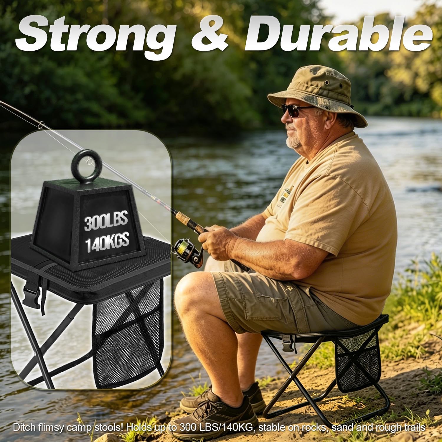 Foldable Backpack Stool for Adults, 16in Portable Folding Stool with Sling Bag, 300lbs Capacity for Camping, Fishing, Hiking, Backpacking & Outdoor Travel，Black image 4