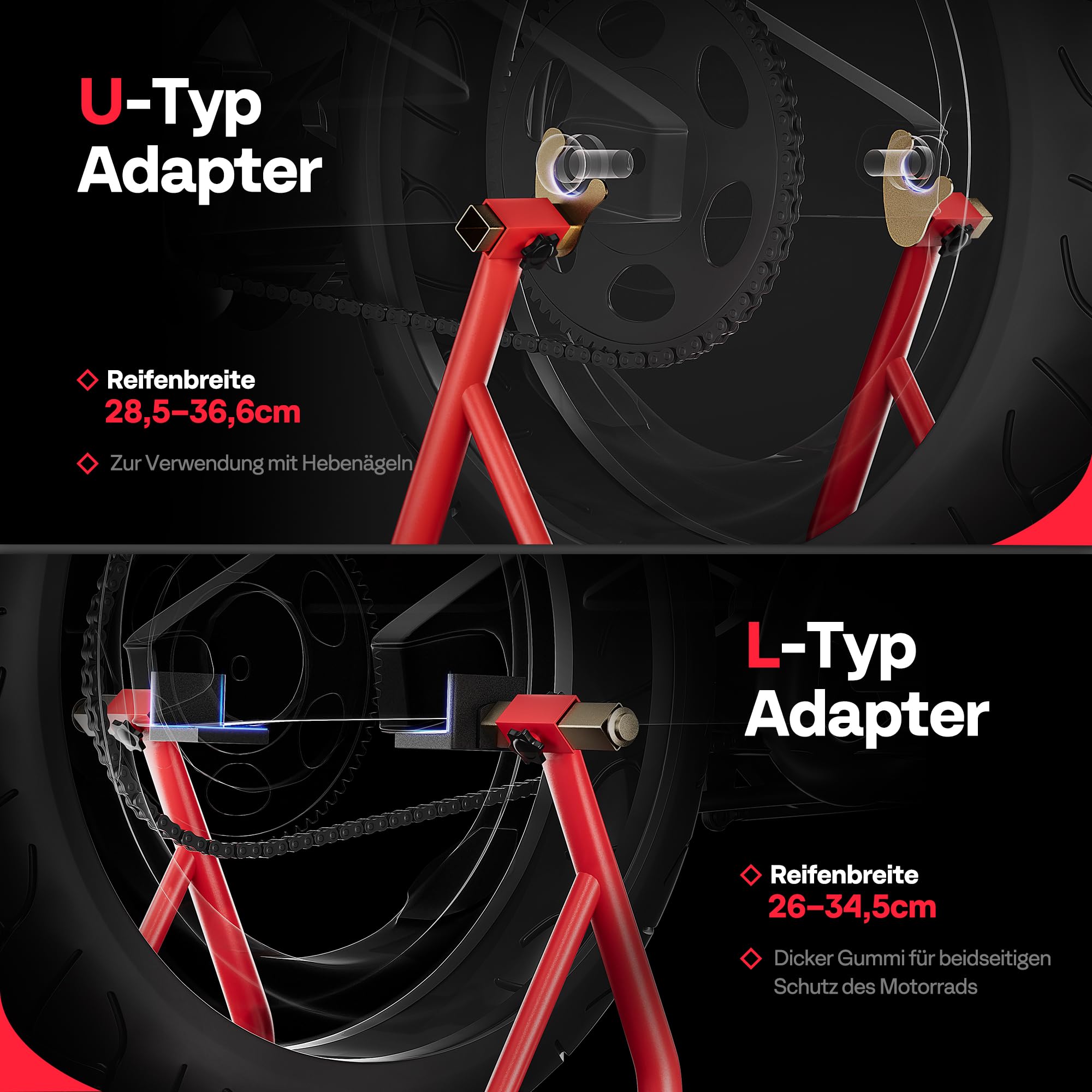 SPECSTAR Motorrad Ständer Set 400 kg, Motorradständer vorne und U+L Typ für Reifenbreite 23-31cm für BMW Suzuki Yamaha Honda Kawasaki Universal,Rot