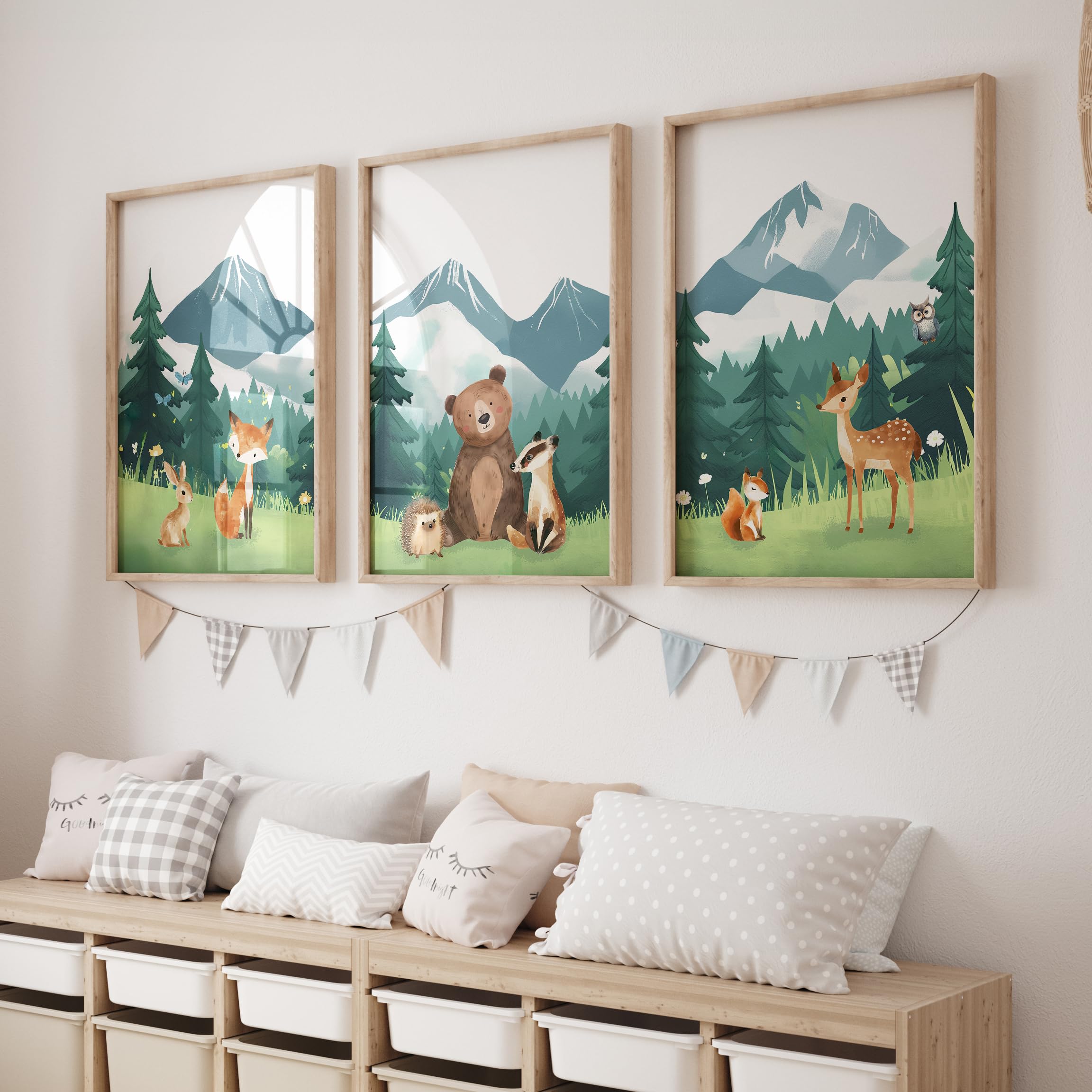 Rose Rowan Design Set of 3 Woodland Animal Nursery Prints - Unisex Forest Adventure Wall Art, Scandinavian Kids Room Decor, Playroom Posters (Mountains, A3)