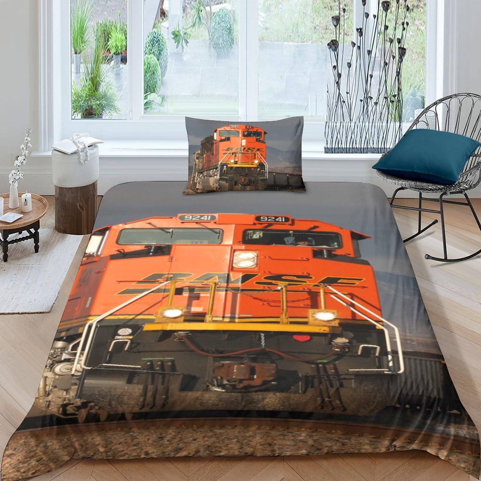 Parure de lit train vintage green en microfibre douce avec housse de couette 3D