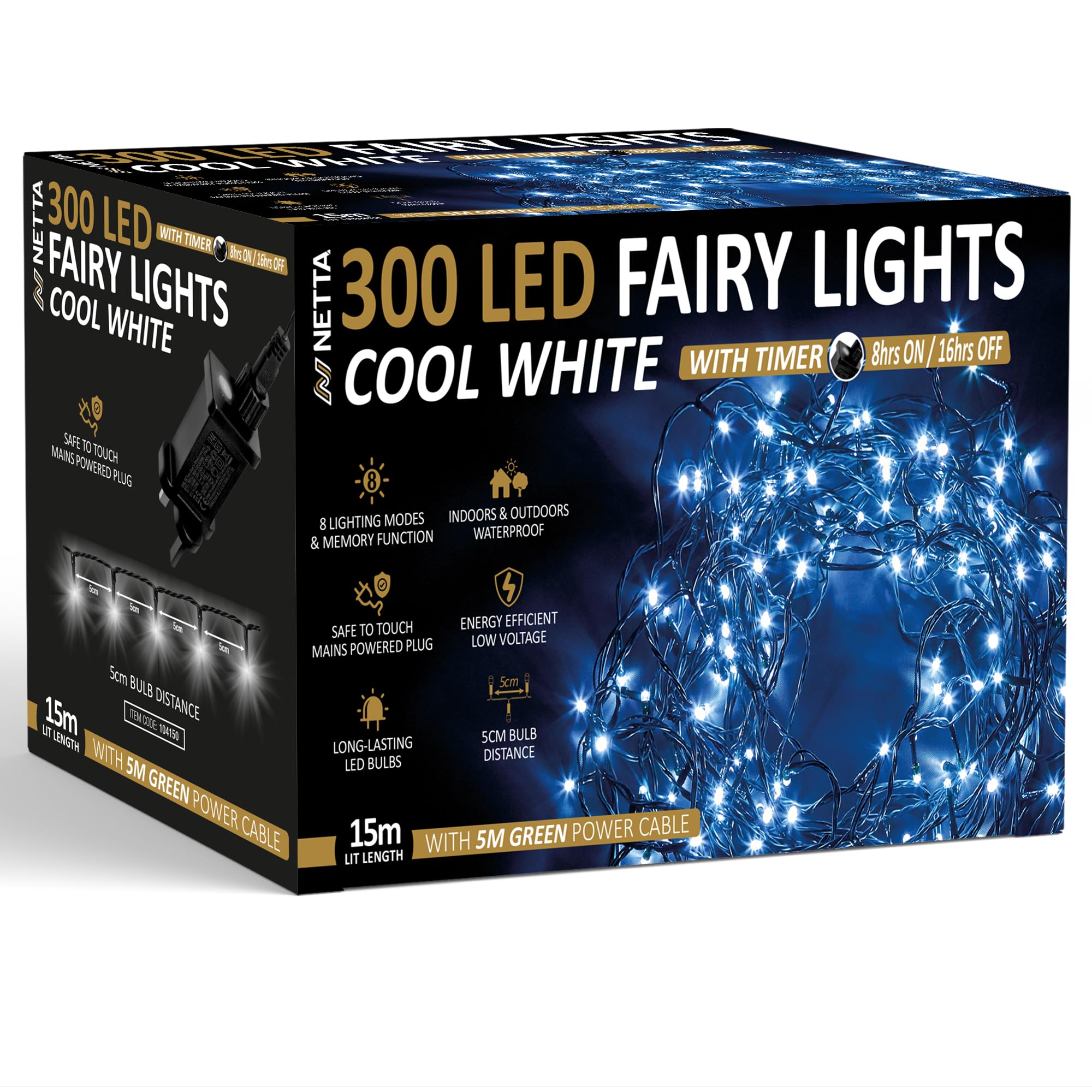 Netta Cool White Christmas Tree Lights 300 Led 15M Fairy String Lights Plug In With Timer And Memory Functions For Outdoor/Indoor Use