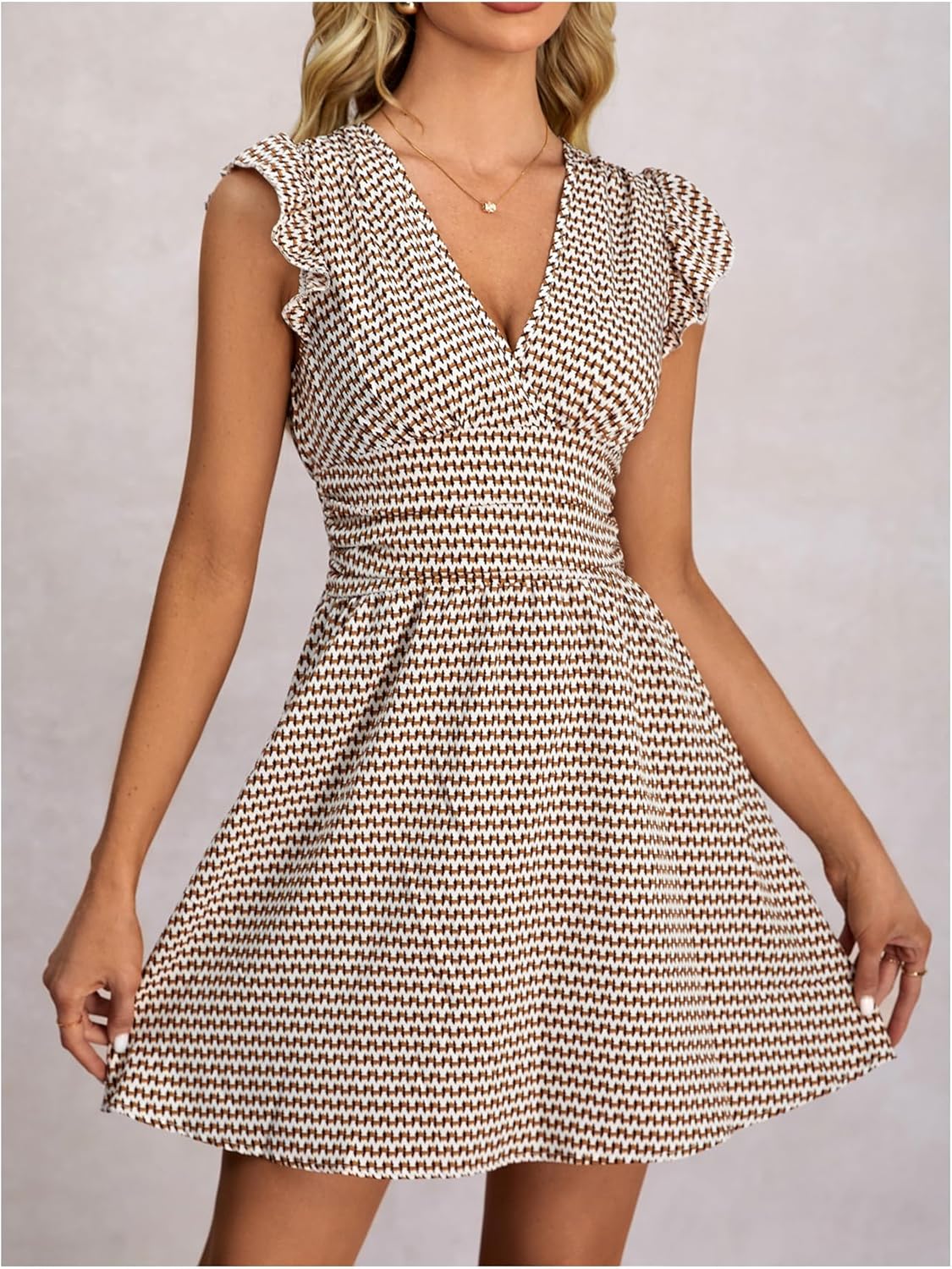 Women's Deep V Neck Wrap Mini Dress Ruffle Cap Sleeve A Line Flowy Vintage Dresses - Image 3