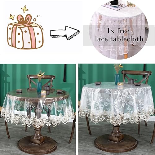 Miniatura 3 de Mantel Redondo Pequeño de Plástico Transparente Impermeable de Vinilo PVC con Borde de Encaje Bordado Cubierta de Mesa Transparente para Cocina Uso