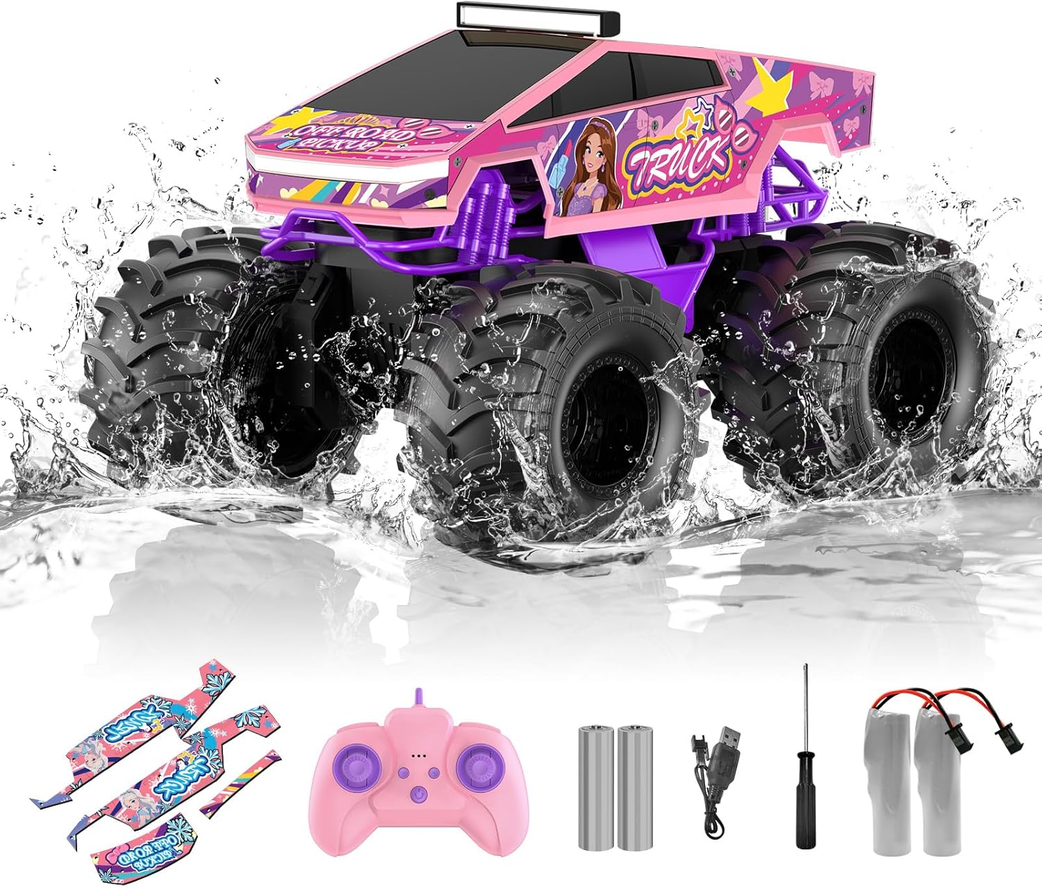 Amphibious Remote Control Car, 1:18 Pink Monster Truck Toys for Girls RC Cars, 2.4 GHz Waterproof RC Trucks, 4WD All Terrain Off-Road Pickup, Girls Christmas Birthday Gifts Presents Kids Toys Ages 6+