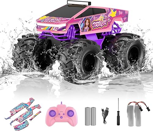 Auto de control remoto anfibio, camión monstruo rosa 118, juguetes para niñas, autos RC de 2.4 GHz, camiones RC impermeables de 2.4 GHz, camioneta