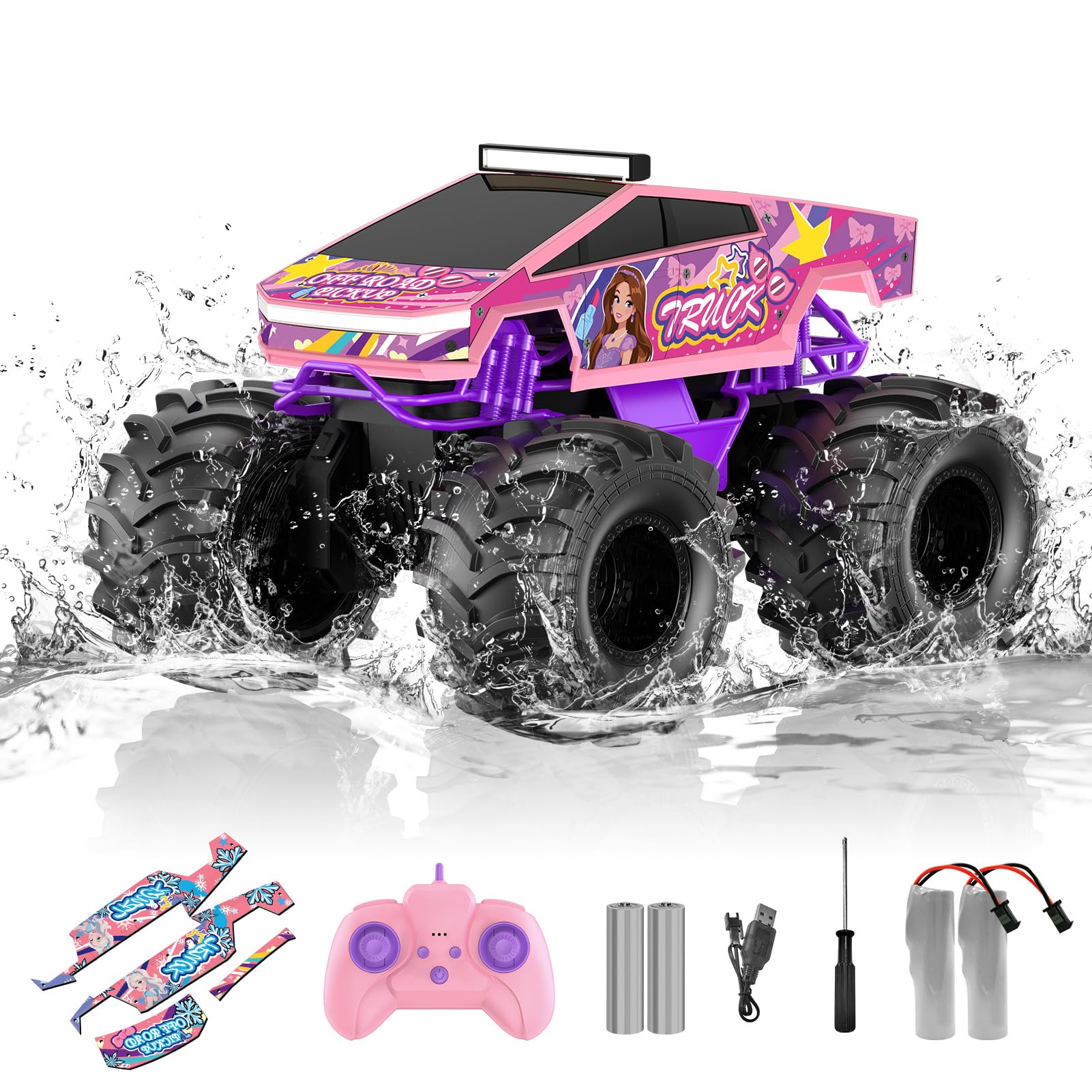 Amphibious Remote Control Car, 1:18 Pink Monster Truck Toys for Girls RC Cars, 2.4 GHz Waterproof RC Trucks, 4WD All Terrain Off-Road Pickup, Girls Christmas Birthday Gifts Presents Kids Toys Ages 6+