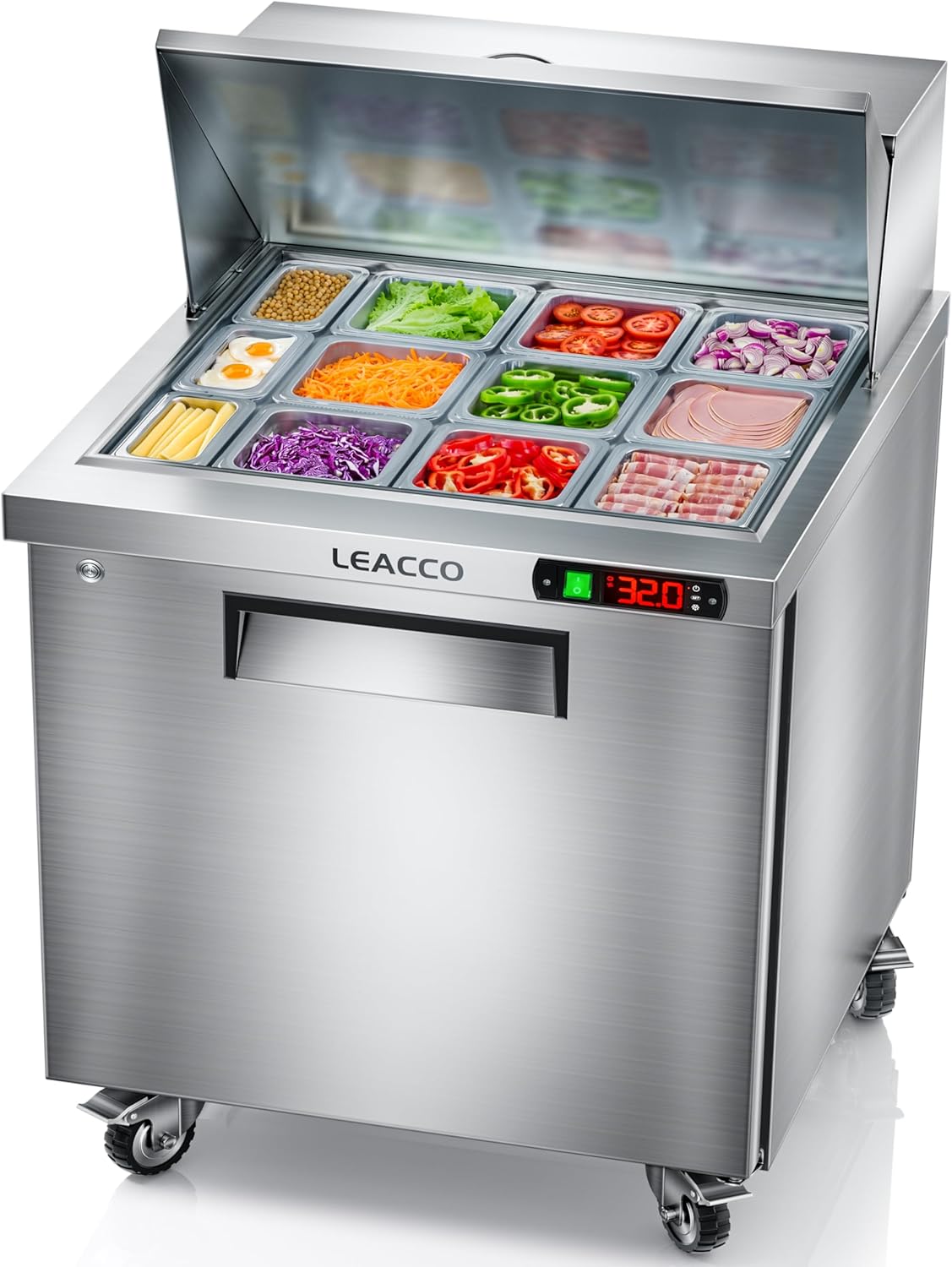 Leacco Refrigerated Sandwich Salad Prep Table, Commercial Workstation Refrigerators with 12 Pans, 28"