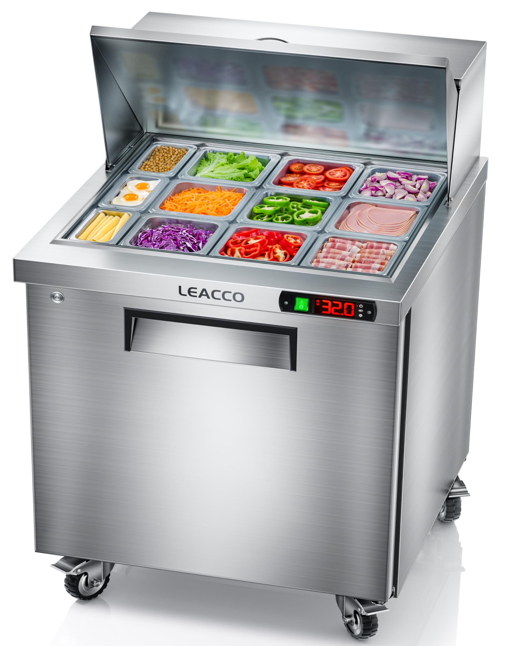 Leacco Refrigerated Sandwich Salad Prep Table, Commercial Workstation Refrigerators with 12 Pans, 28"
