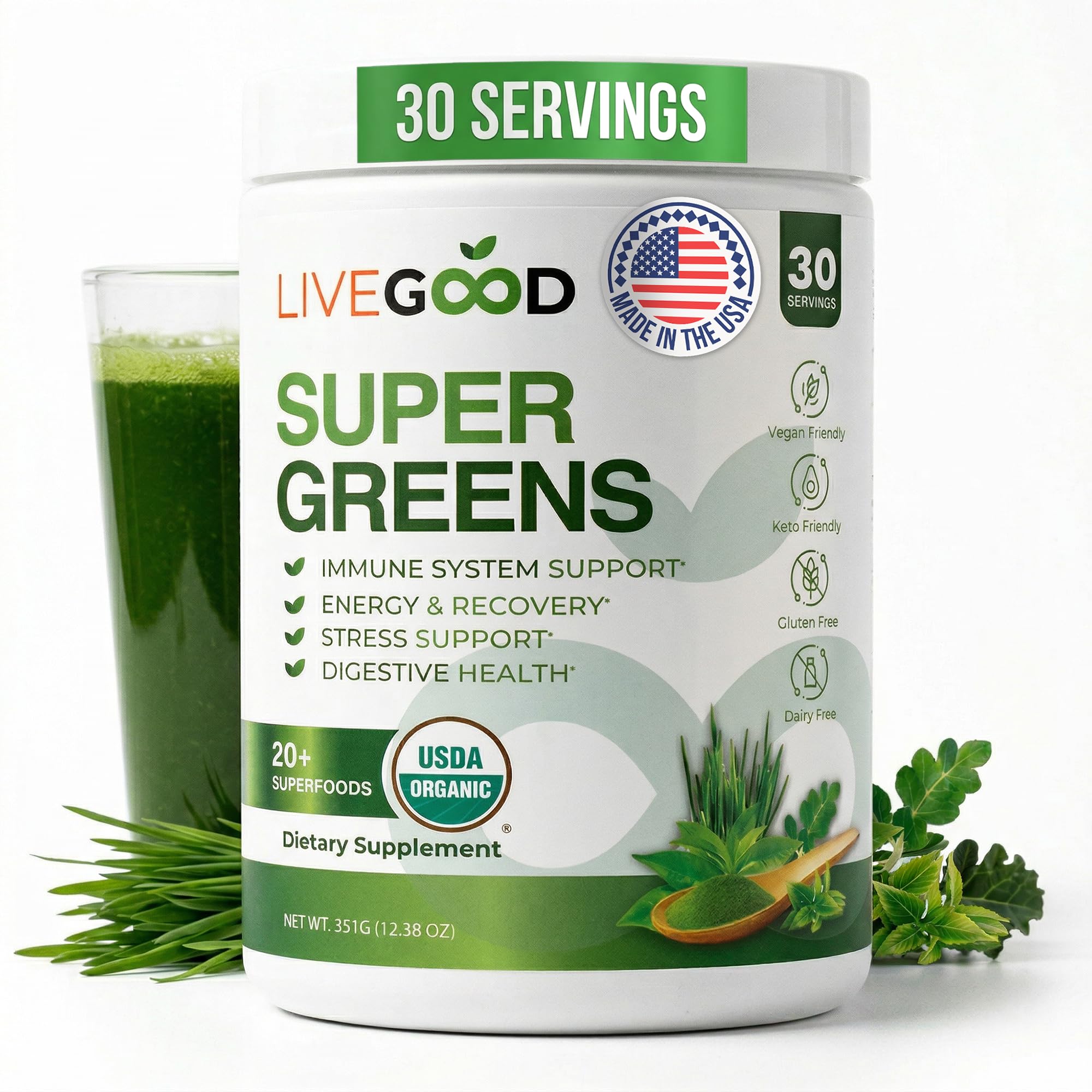 LIVEGOOD Daily Greens Powder Organic Blend for Digestion & Focus – Super Greens Supplement Powder for Immune Support – 30 Servings