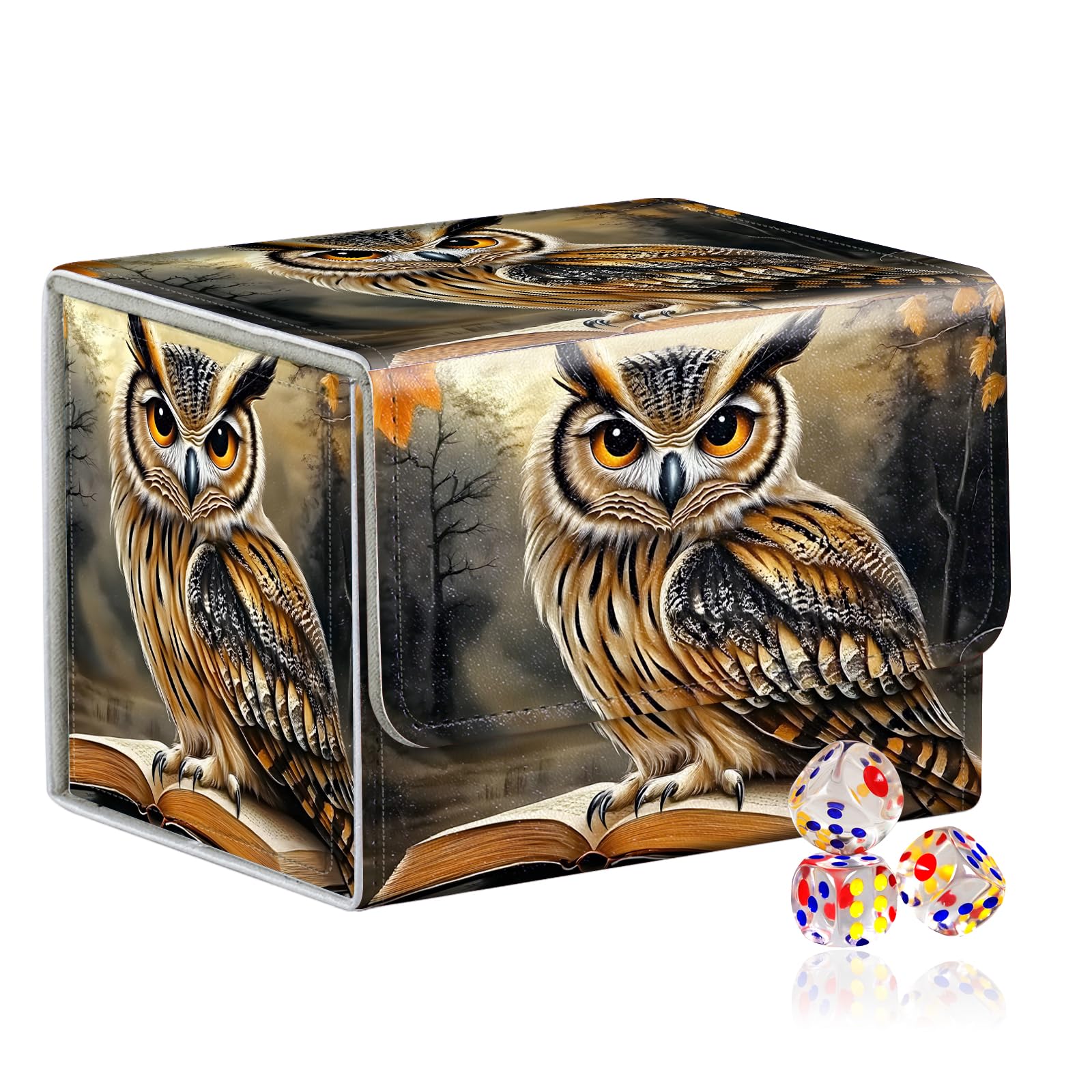VOGDMKJG Trading Card Deck Box Fit 100+ Single Sleeved Cards,PU Leather Magnetic Closure Card Storage Box With 3 Dice For MTG/TCG/PTCG/Magic/Sport Card Storage Case Horizontal Design Brown Owl