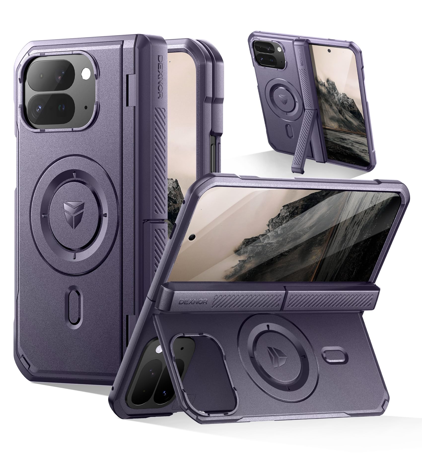 Dexnor Funda Magnética Plegable para Google Pixel 10 Pro Fold con Soporte Dobles&Protector de Pantalla Frontal&Compatible con MagSafe, Cubierta Protectora Robusta de Cuerpo Completo, Púrpura Fantasma