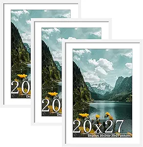 Picrit 20x27 Picture Frame 3 Pack, White Poster Frame, Display Poster 16 x 24 with Mat or 20 x 27 without Mat for Horizontal or Vertical Wall Mounting