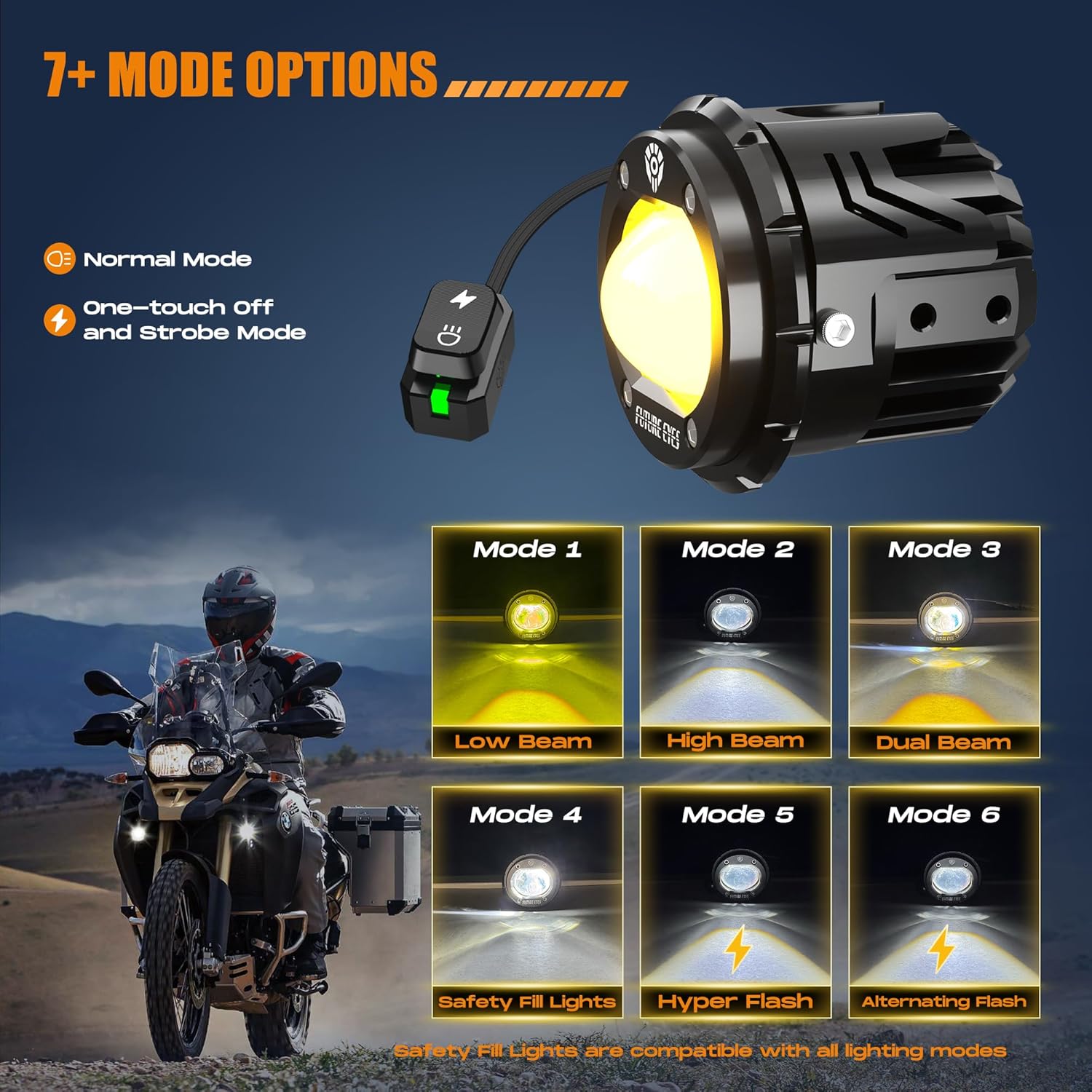 Future Eyes Motorcycle LED Fog Lights, 120W Auxiliary Driving Spotlight, High/Low Beam, Waterproof Off-Road Lights for Night Riding, ATV, UTV, and Motorcycle Headlights