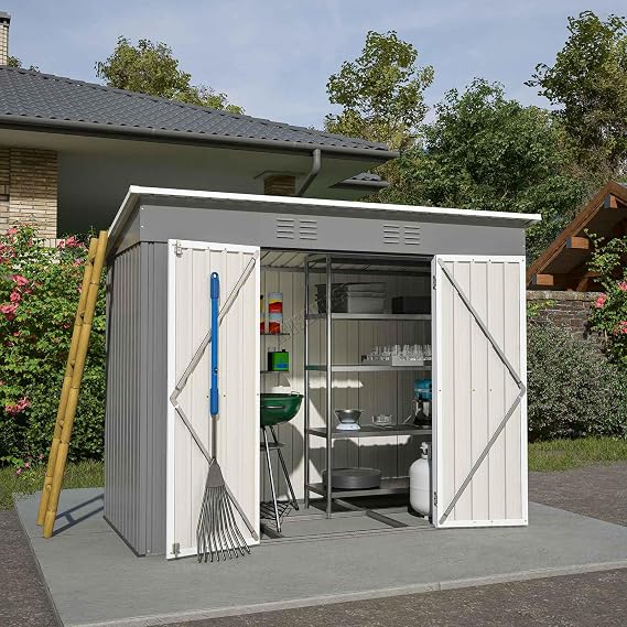BIRCHTREE Garden Shed Metal Pent Roof 4FT X 8FT Outdoor Storage With Free Foundation Grey and White