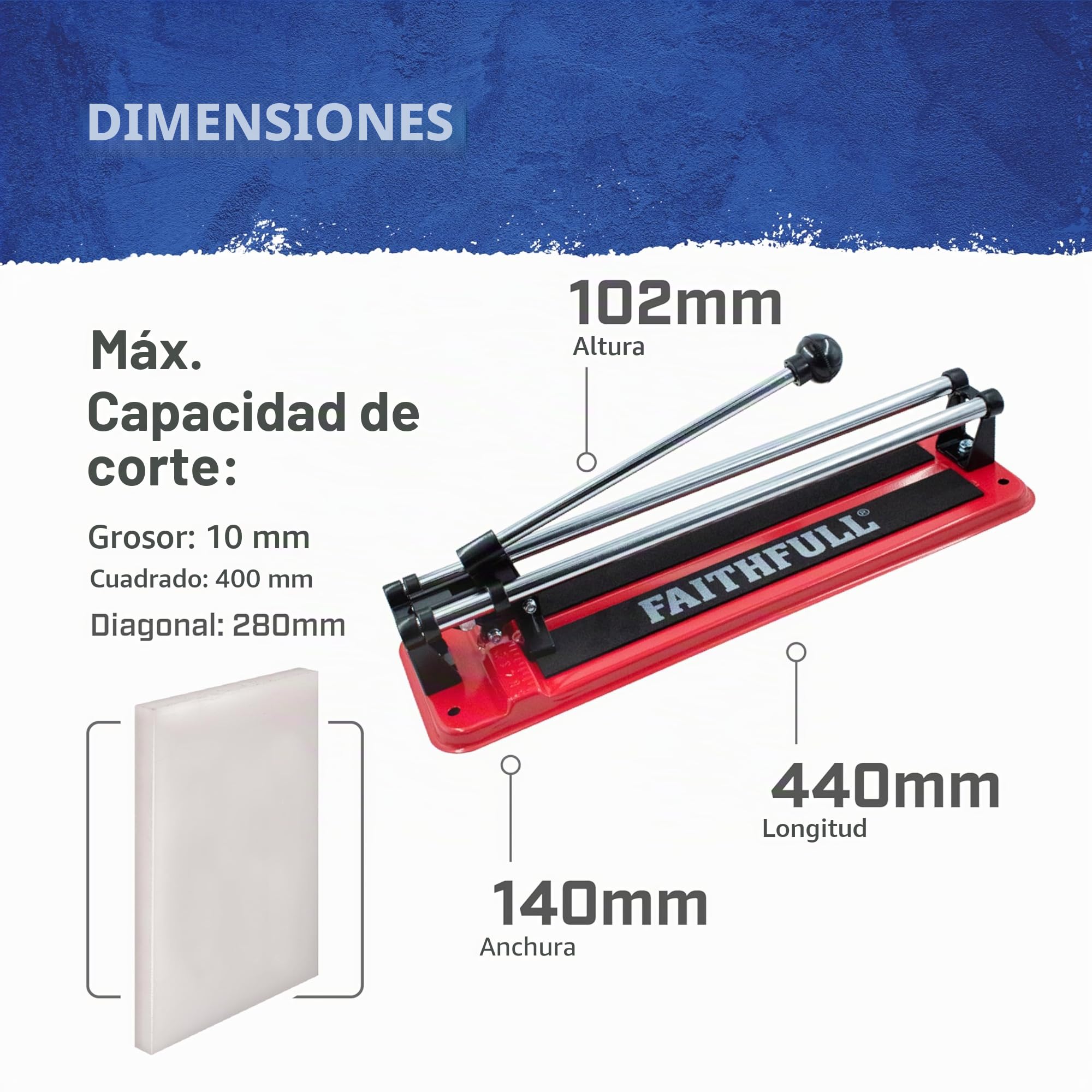 Cortadora Faithfull 300 mm - 300 mm cuadrados, 210 mm diag., 10 mm grosor | Doble riel, rueda de carburo de tungsteno, guía angular, base antideslizante para azulejos de pared, suelo y cantera
