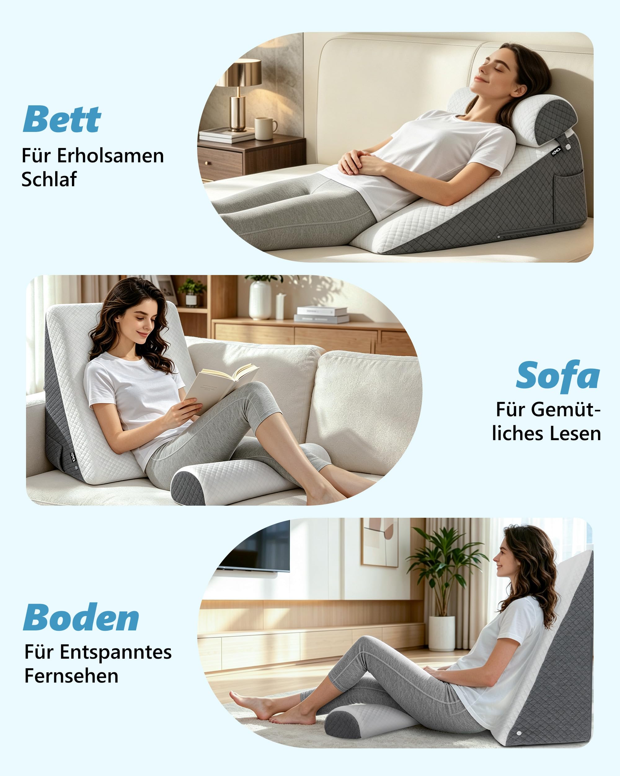 HOMCA Keilkissen Reflux Kissen für Bett und Sofa mit Nackenrolle 63x63x28cm | Lesekissen Matratzenkeil für Erwachsene für Rücken und Beine, Schlaferhöhung, Dreieckskissen als Bettkopfteil, Doppelte Bezug