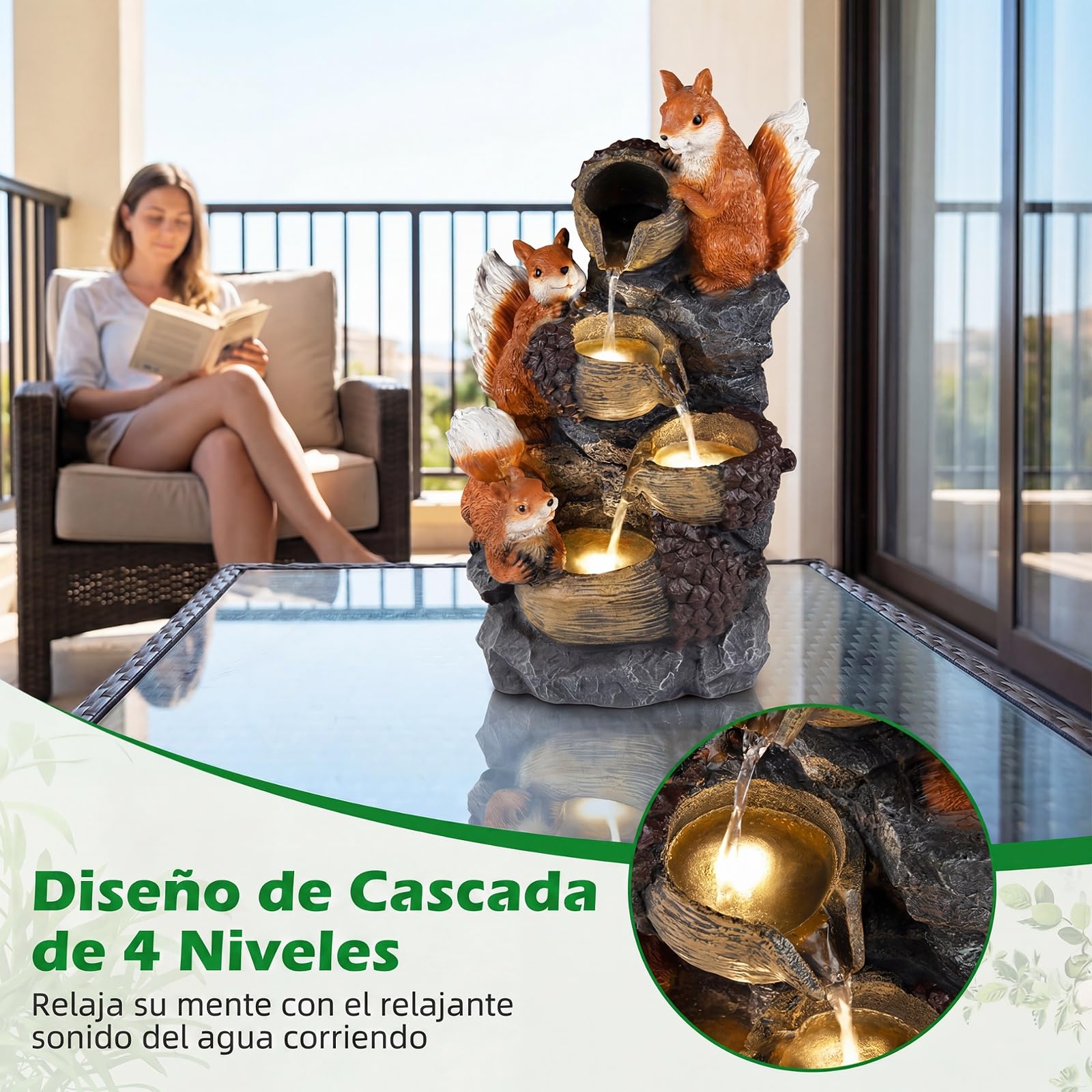 COSTWAY Fuente de Interior y Exterior, Fuente de Agua Decorativa con Iluminación LED, Figuras de Ardillas y Avellanas, Decoración de Resina Relajante para Mesa, Jardín, Patio