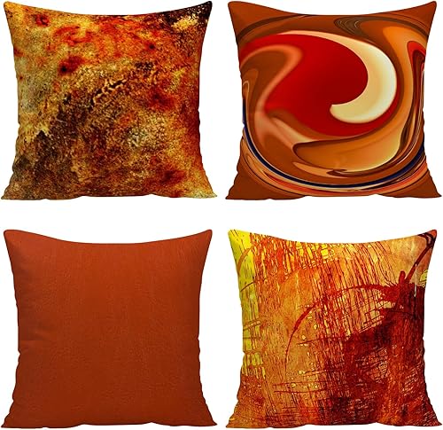 GALMAXS7 Juego de 4 fundas de almohada de 18 x 18 pulgadas, fundas de almohada decorativas modernas de arte abstracto con pintura naranja quemada,