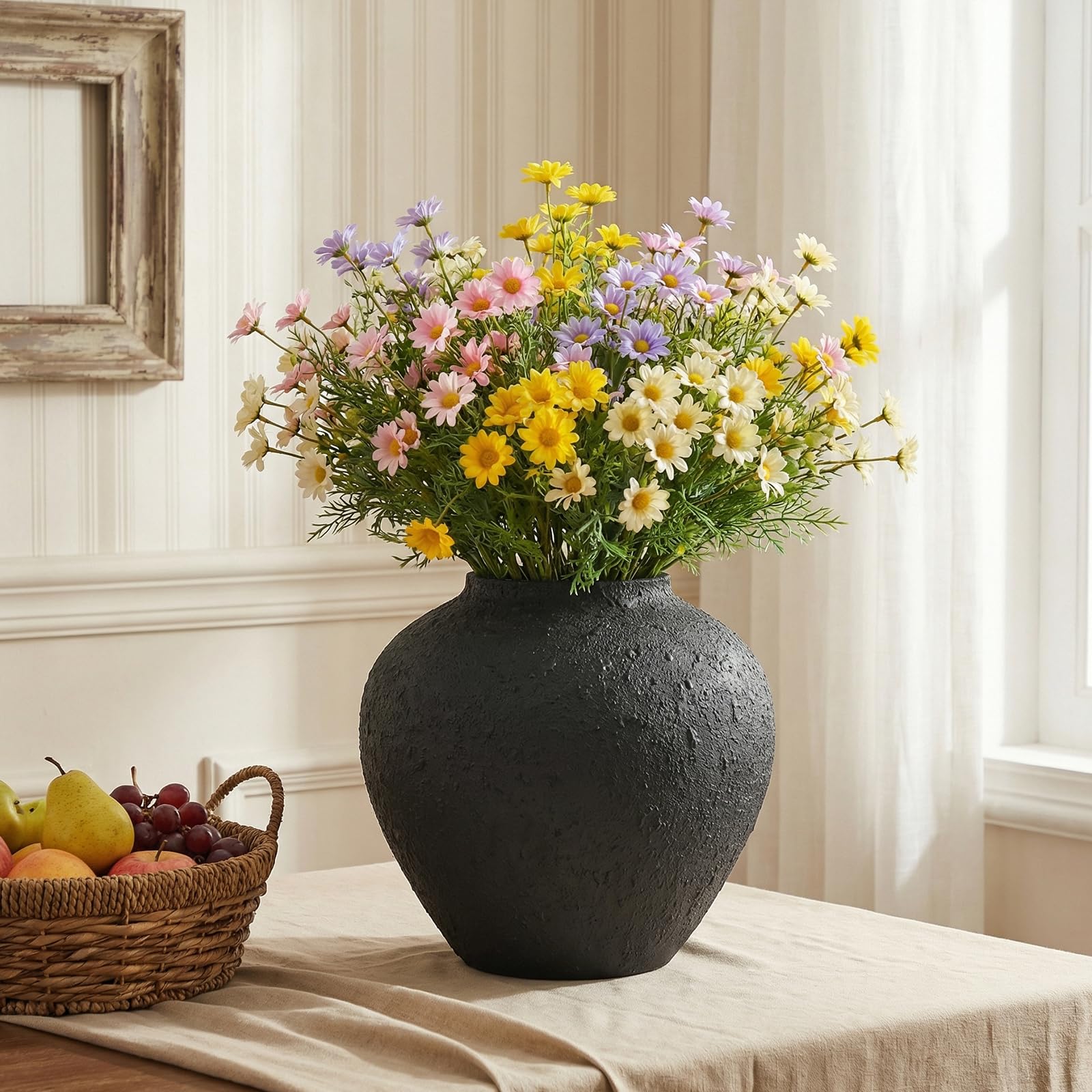 Jarrón redondo grande negro de 11 pulgadas para flores, metal rústico | Jarrón grande de hierro mate para centro de mesa moderno de granja, decoración de sala de estar, hogar