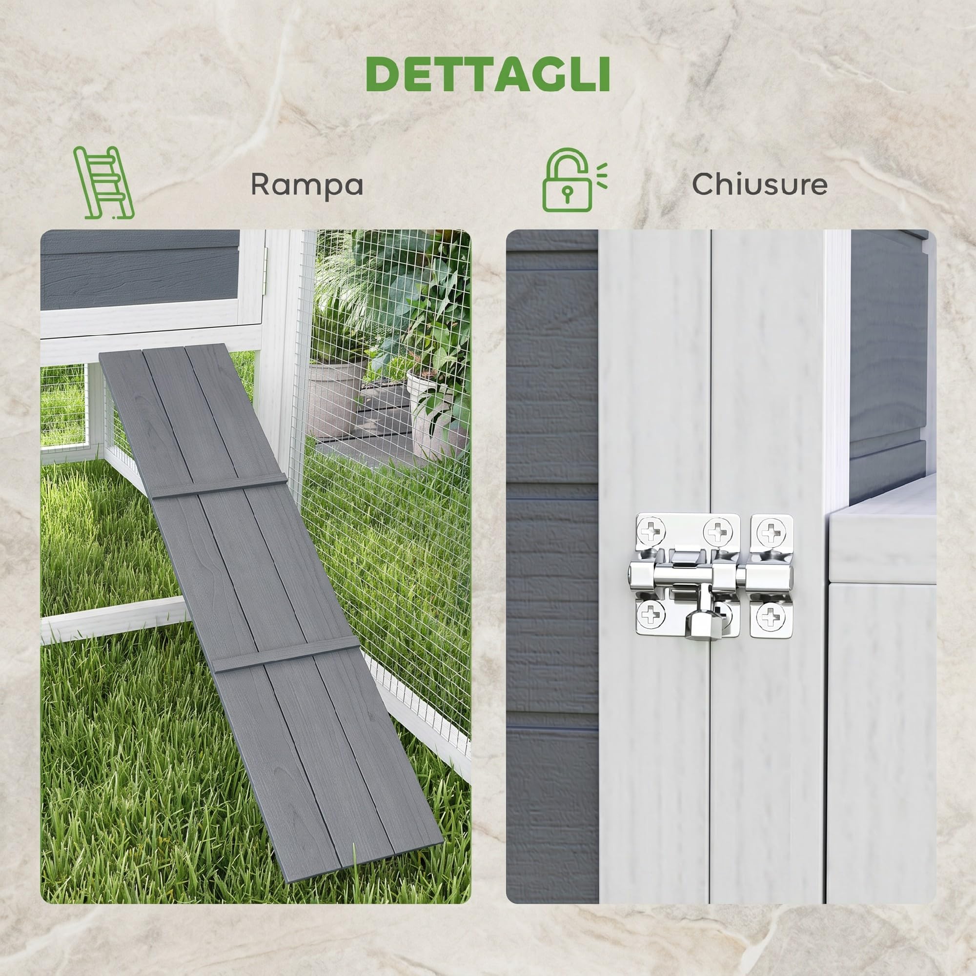 PawHut Pollaio per Galline Ovaiole Esterno con Nido 214x101x91.5cm Grigio | Casetta, Tetto Impermeabile Apribile, Vassoio Estraibile, Porte, Gabbia Recinto, per 2-4 Galline Conigli, in Legno