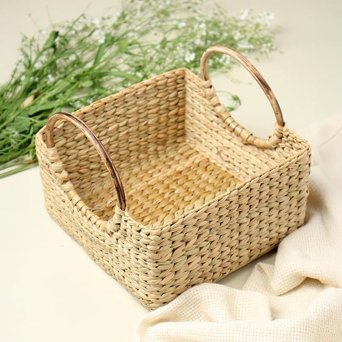 Habere India-All the Cultures Fabricating India Jute Storage Baskets | Cane or Bamboo Basket | Wicker Baskets as Gift Hamper Basket/Wardrobe Basket (Beige, Rectangular 20 * 20 * 12 CM)