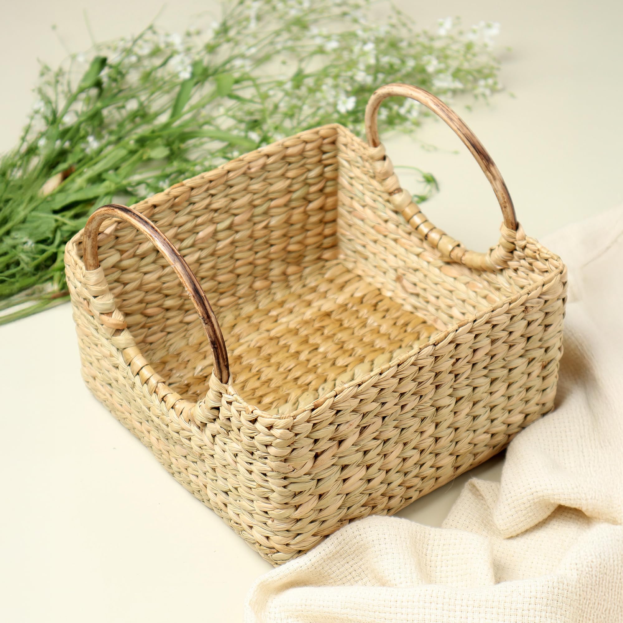 Habere India-All the Cultures Fabricating India Jute Storage Baskets | Cane or Bamboo Basket | Wicker Baskets as Gift Hamper Basket/Wardrobe Basket (Beige, Rectangular 20 * 20 * 12 CM)-picture-12