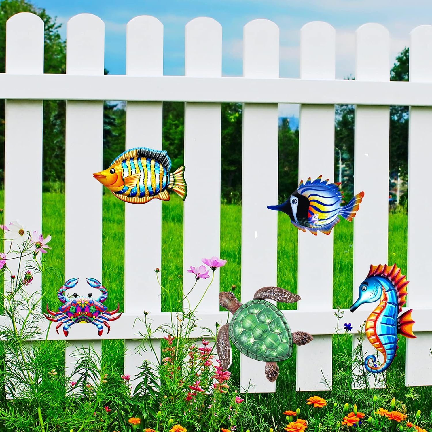 5pcs Garden Wall Art Decor Set - 2 Fish & 1 Turtle & 1 Seahorse & 1 Crab Marine Animals Metal Wall Decor Outdoor Hanging Multicolored Handmade Outdoor Decor, Exquisite