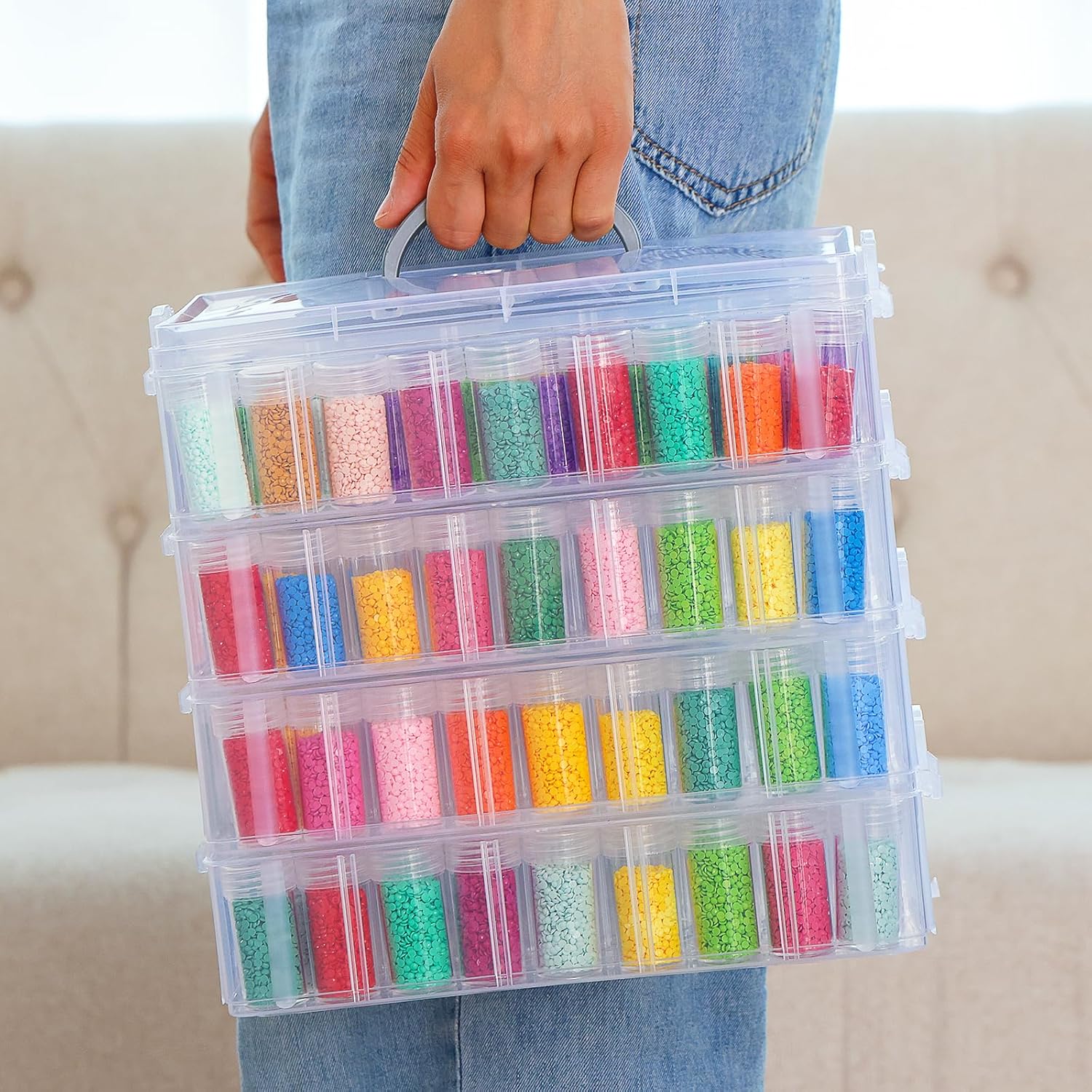 QUEFE 4-Tier Diamond Painting Storage Container, 200 Slots Portable Bead Organizer Box, Stackable Crafts Organizers for DIY Diamond Art Craft Jewelry Bead Storage