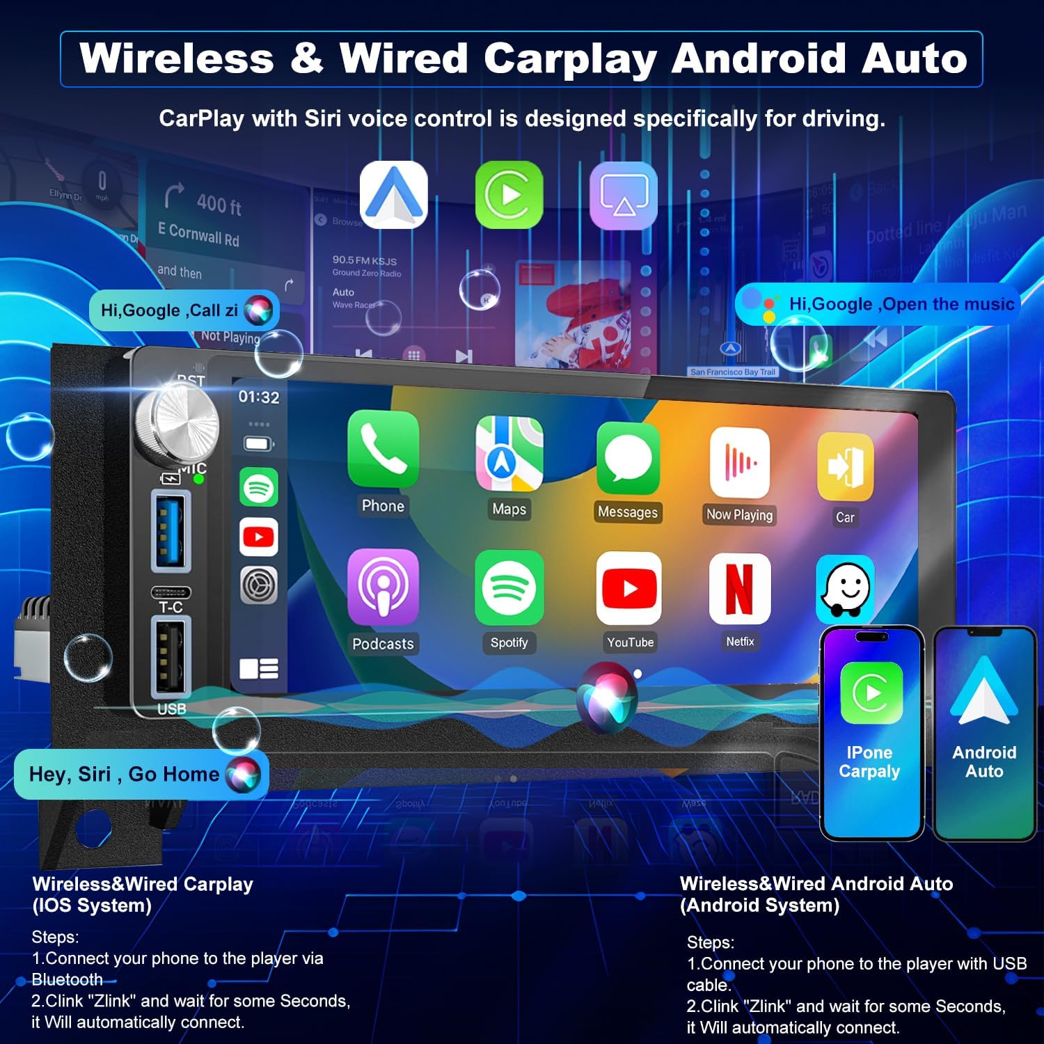 64G 5GWiFi Upgrade Car Radio for Dodge Ram 1500/2500/3500 1994-2002, Jeep Wrangler 1997-2002, Cherokee 1997-2001, 6.86inch Grand Cherokee Stereo Touch Screen Carplay Android Auto GPS FM Fast Charger