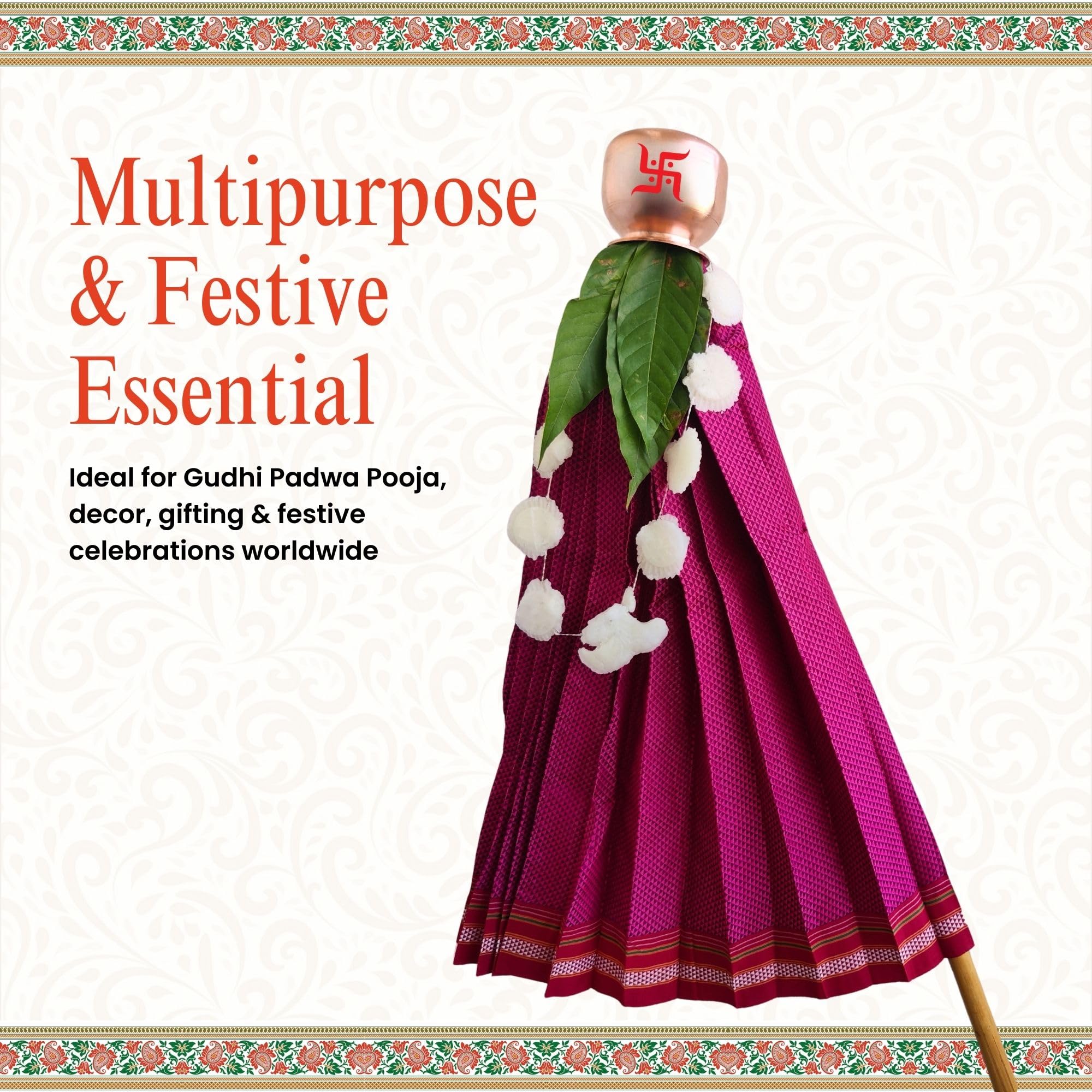 PUNYATVA Gudhi Vastra for Gudhi Padwa Festival (Khun, Pink) | Traditional Maharashtrian Gudi Cover Saree Cloth for GudiPadva | Readymade Ugadi & GudhiPadawa Decoration Pooja Décor 4