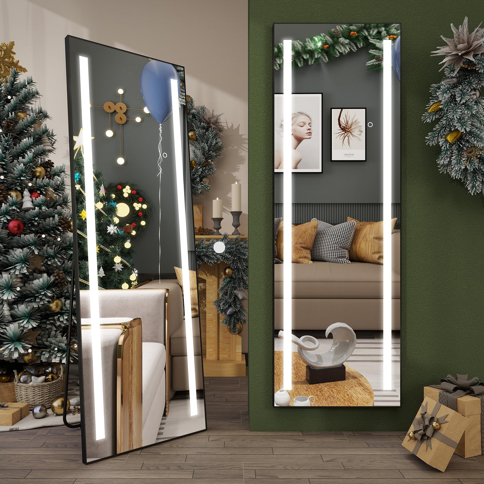YU YUSING Specchio da Terra con Luce 150x50cm, Specchio da Parete Lungo con Cornice in Alluminio, Specchiera a Figura Intera, 3 Colori Luce Dimmerabili, Soggiorno, Camera da Letto, Ingresso, Nero
