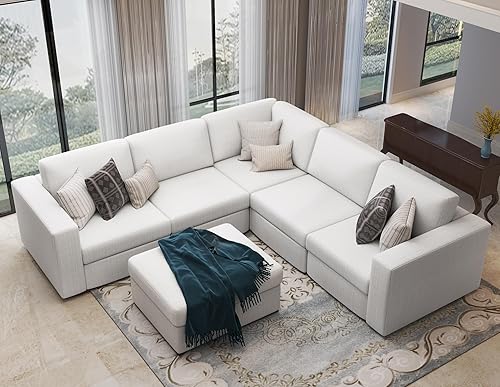 Sunrise Coast Sofá modular modular convertible en forma de L con otomana de 127 pulgadas, color beige, cama grande, sofá de 6 asientos para sala de