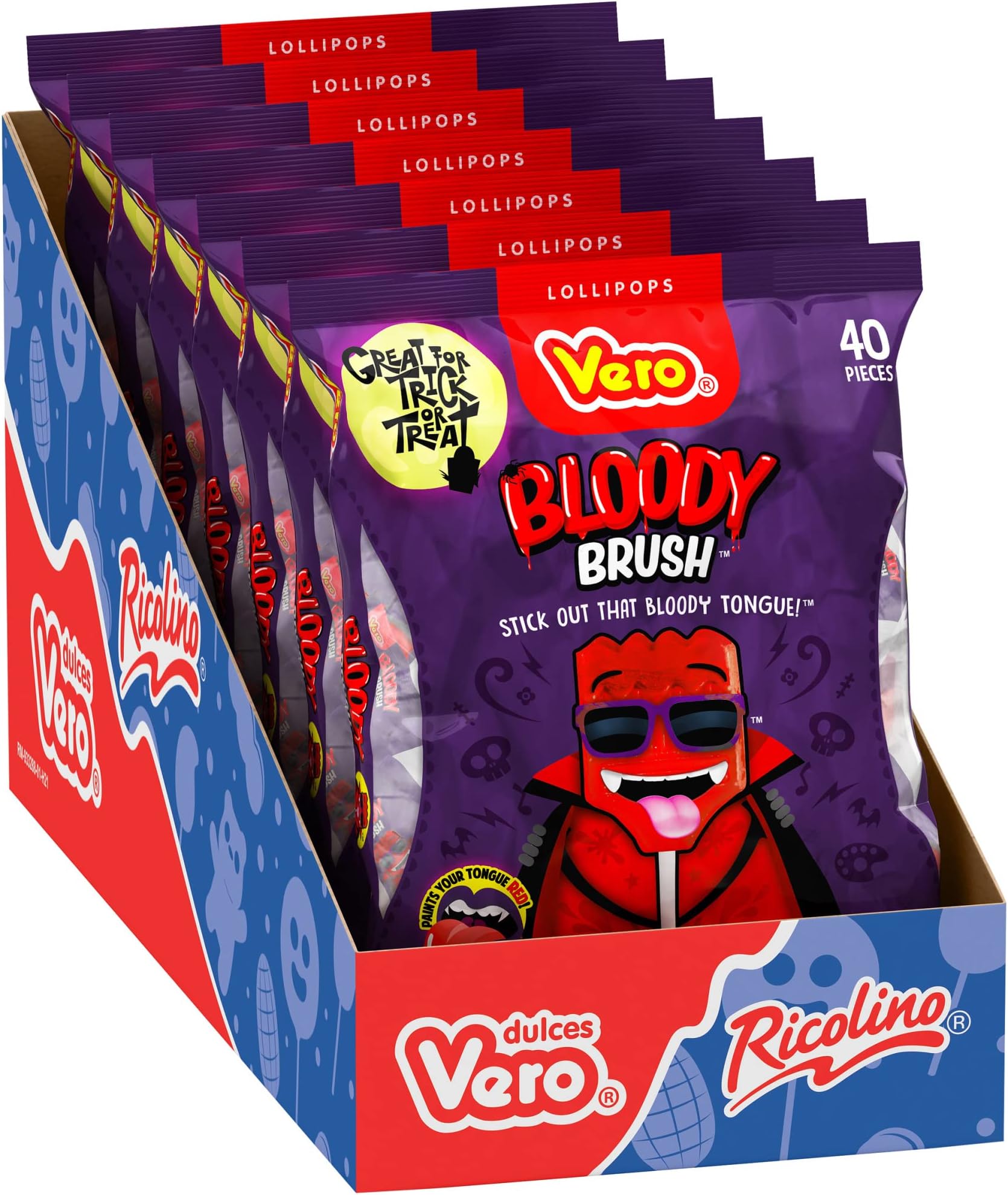 Vero Bloody Brush Strawberry Artificially Flavored Sweet and Sour Lollipop, 7 Bags, 40 Count Each, Net Weight of 8 Pounds 9.2 Ounces