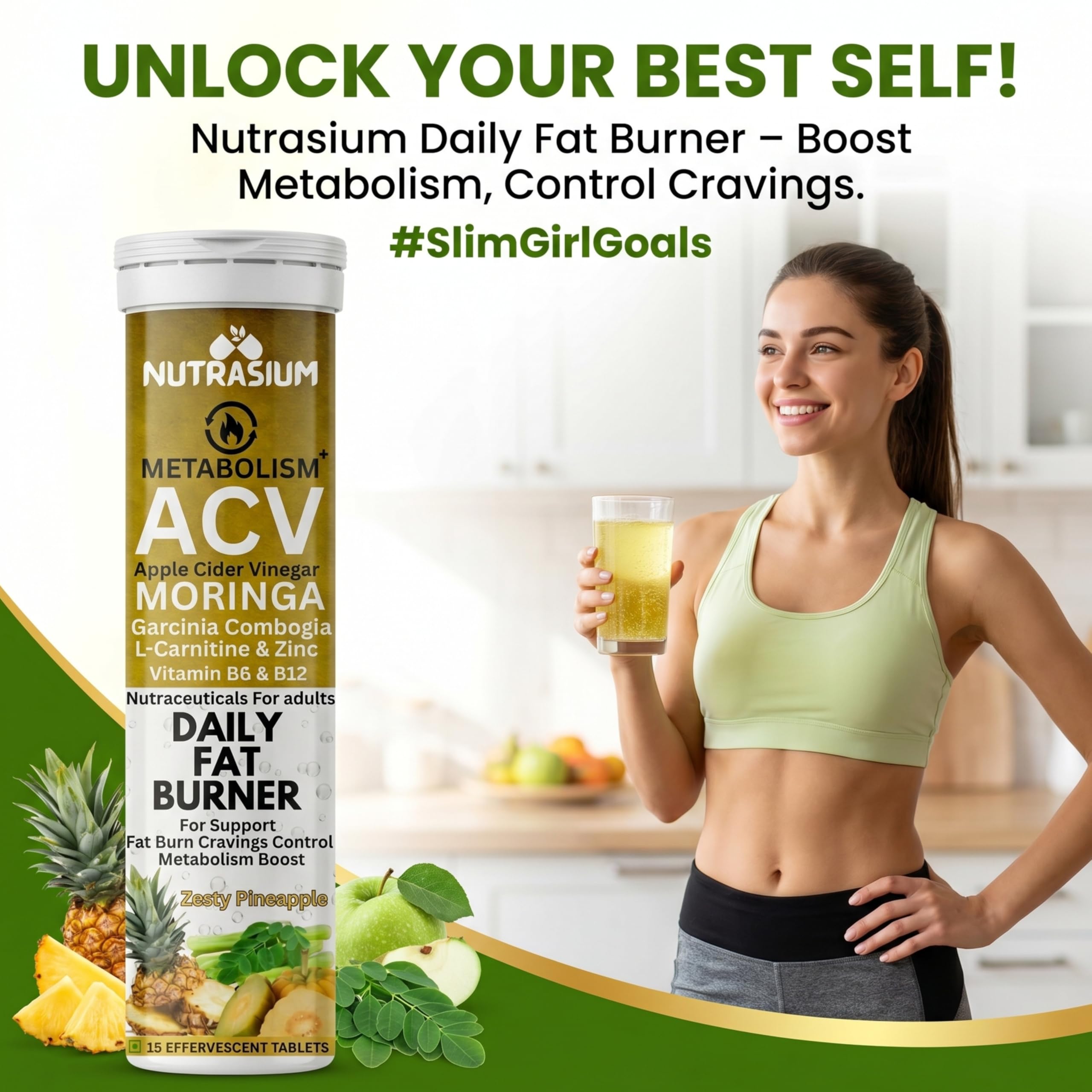 Nutrasium ACV Moringa Metabolism Plus | Apple Cider Vinegar Effervescent Tablet | Added L-Carnitine & Garcinia Combogia Extract | For Supports Weight Loss, Control Cravings, Convert Fat Into Energy, Boost Energy & Immunity | 60 Tablets Pineapple 4