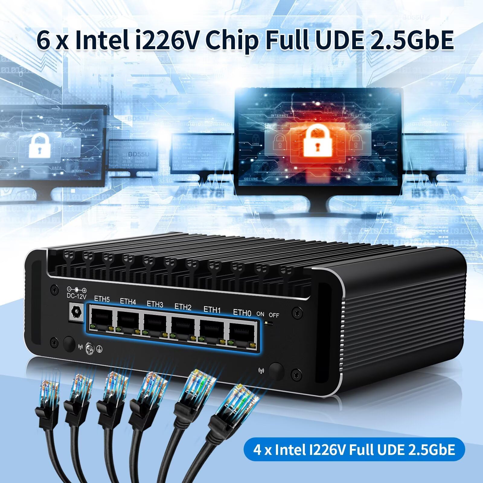 N150 Mini PC Firewall (N100 Upgrade), 6 x 2.5 GoE i226V LAN Fanless OPNsense Router Computer, DDR5 8 Go RAM 128 Go NVMe SSD, AES-NI, 2HD + USB-C 3 Display, 2 x M.2 NVMe Slot