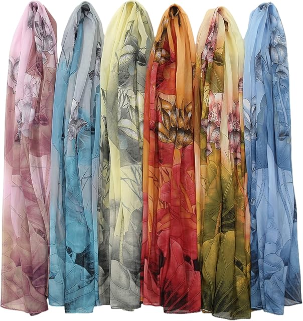 Amokk 6 Packs Fashion Floral Écharpes pour femmes Écharpe légère en mousseline pour femmes Châle d'été Warp Thin Head Echarpe