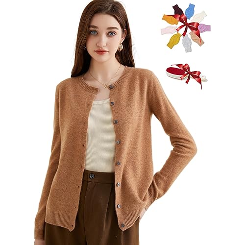 LINY XIN Women's 100% Cashmere Cardigan Sweater Fall Winter Crewneck Long Sleeve Super Warm Soft Knit Sweater