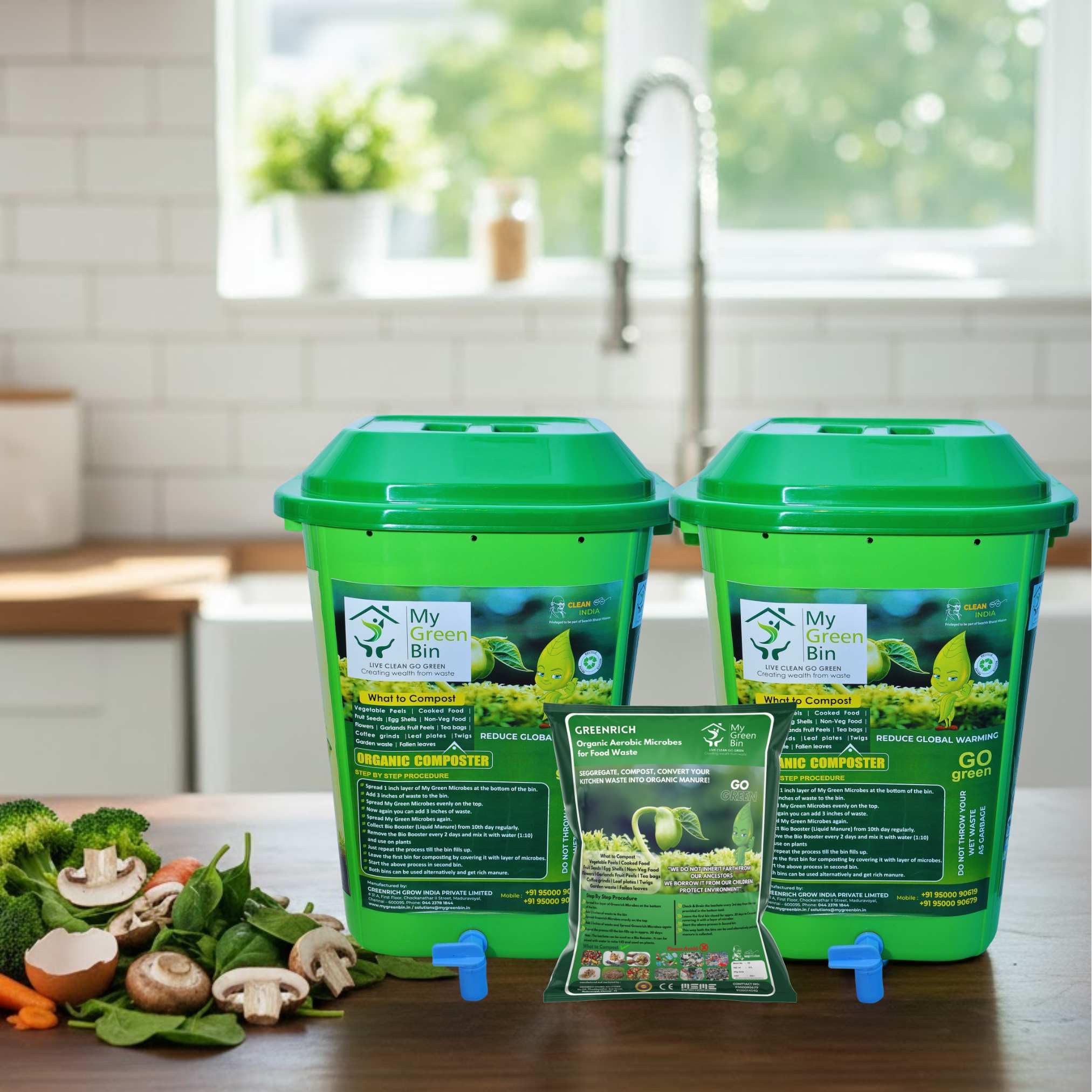 My Green Bin LIVE CLEAN GO GREEN Creating wealth from waste Green rich Organic Composter 25 ltrs + 1 Bag Microbes (5 ltrs) - Convert Kitchen Waste to Manure