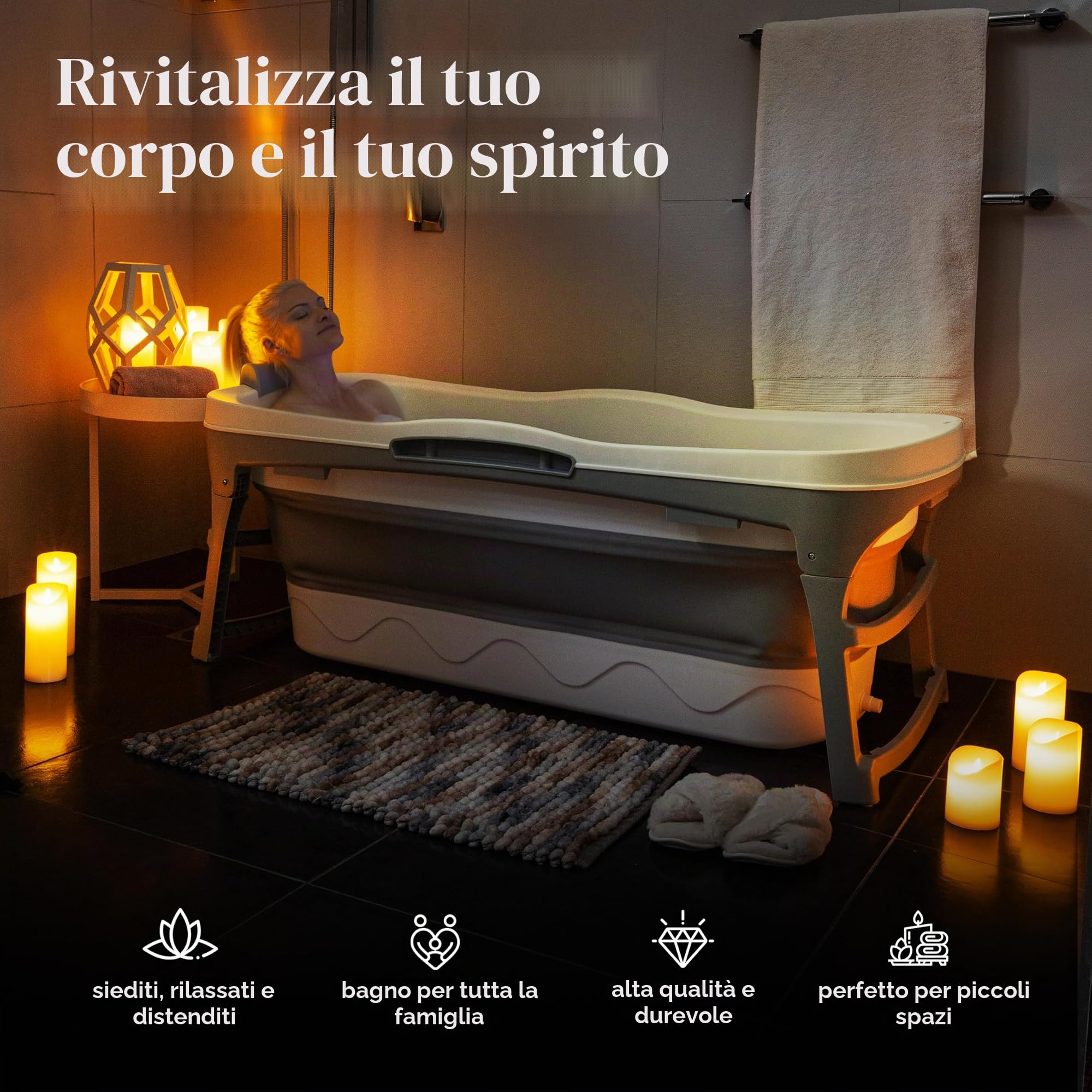 Vasca da bagno portatile per adulti, extra large, pieghevole, 142,2 cm, design ergonomico per il massimo relax e il bagno ghiacciato, ideale per piccoli spazi, vasca da bagno pieghevole rapida e senza
