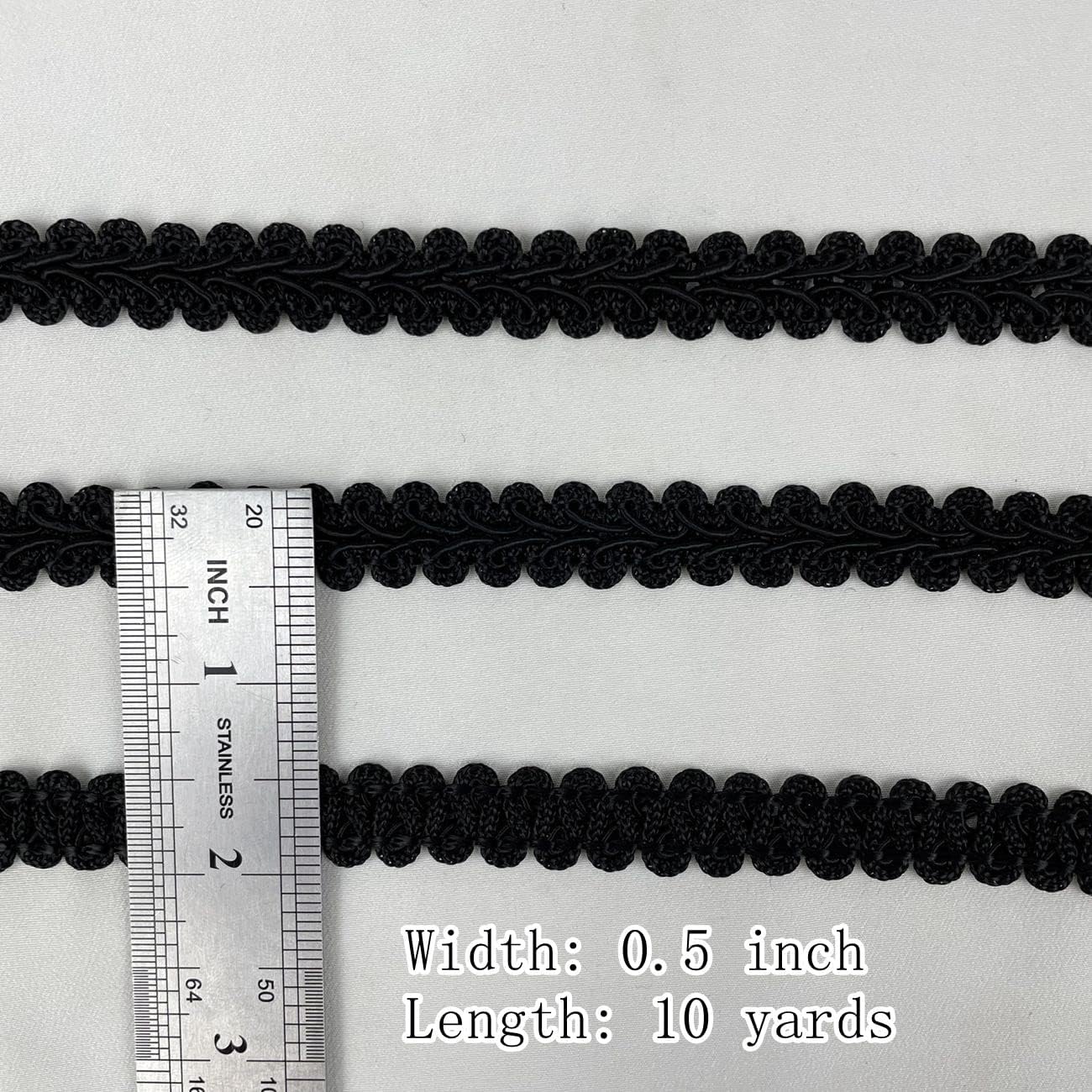 Braid Gimp Trim 1/2 Inch Braided Cord Scalloped Edge Braid Rick Rack Trim for Sewing, Pillows, Home Curtain (9 Yards, Black)