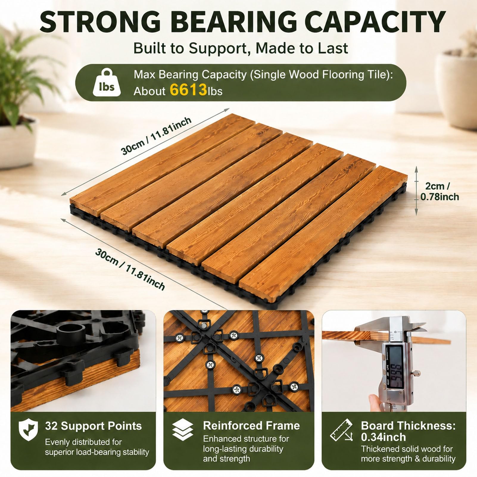 Pavimentazione a Incastro 30x30 cm 6-Slat-12pc | Pavimento per esterni in legno di acacia con sistema a incastro (click), resistente agli agenti atmosferici