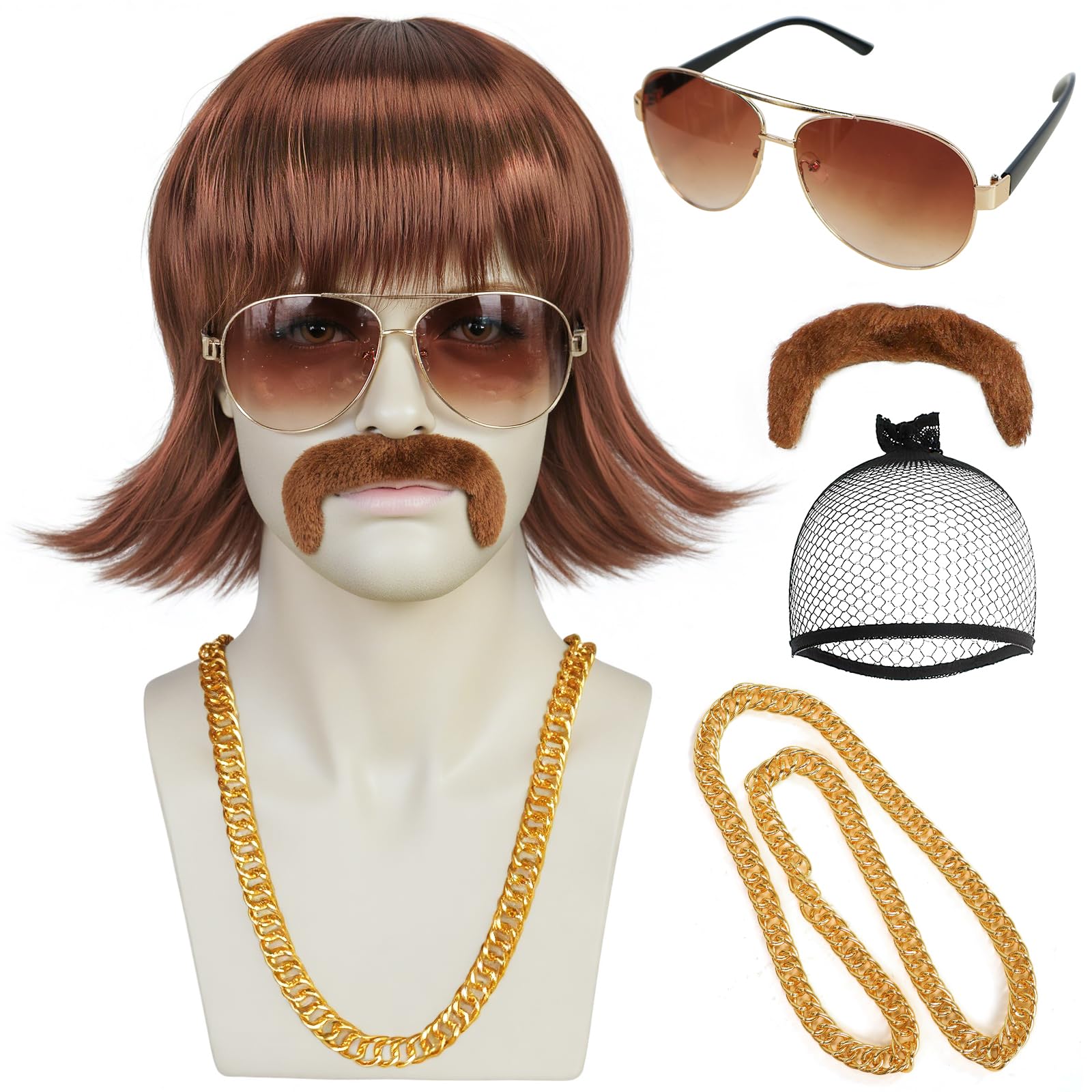 BEKIDER 5PCS Disco Wig Set (Glasses+Chain+Mustache+Hair Cap) 70s Wigs for Men Retro 80s Outfit Shaggy Brown Wigs Mens Wig 70s Outfits Halloween Party Costume