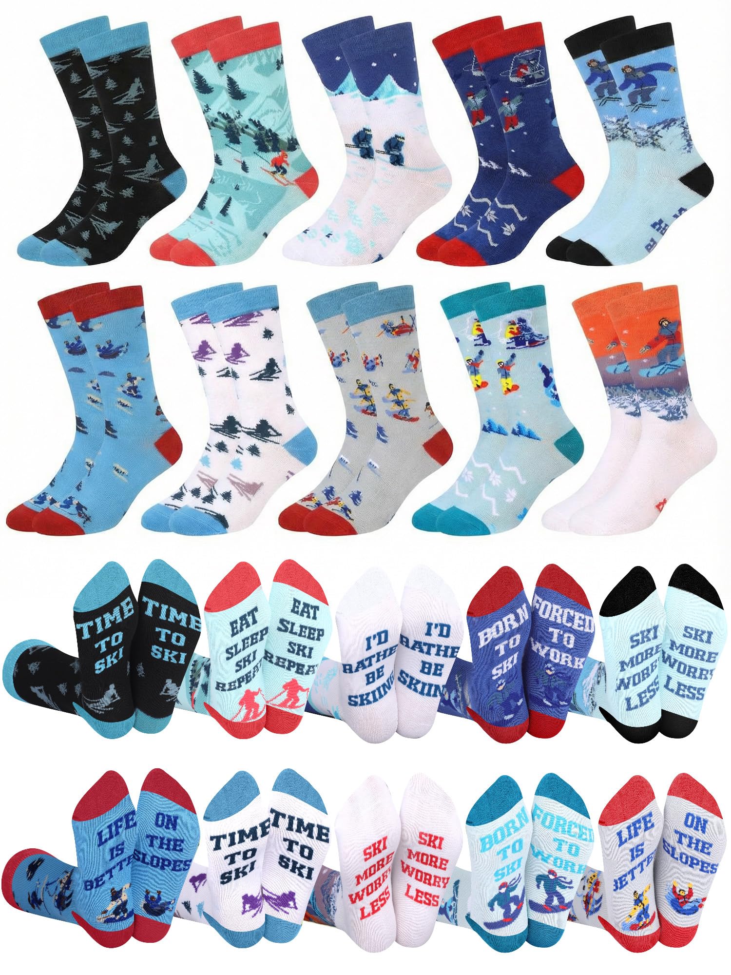 Maiteenly 10 Pairs Funny Ski Crew Socks for Women Adults - Novelty Snow Skiing Casual Socks Bulk Ski Accessories Gift for Women Men Skiers Snowboarding Lover