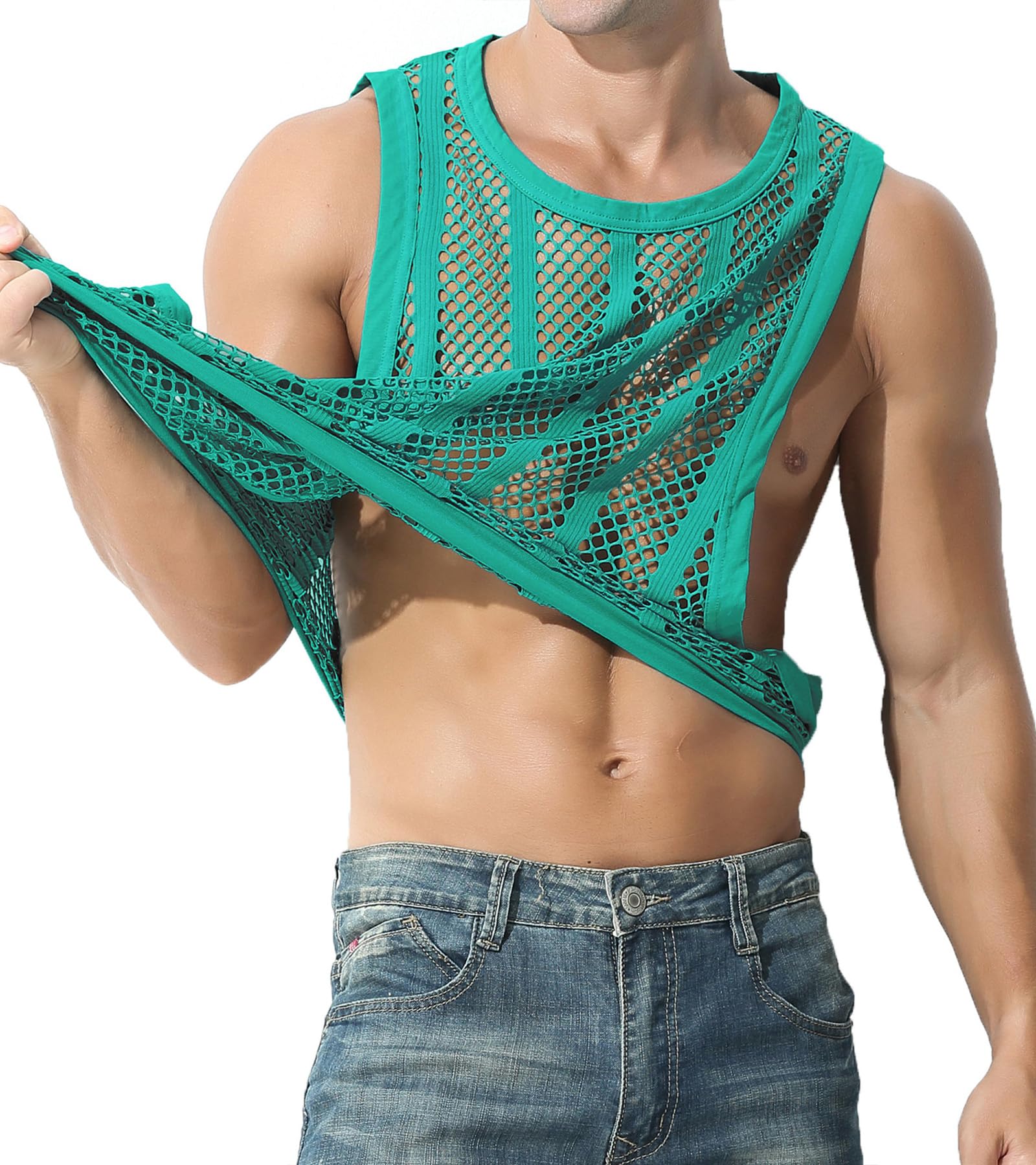 JINSHI Men's Mesh Shirts Fishnet Athletic Tank Tops Sexy Sleeveless Vest Male Loose Muscle Workout Swimwear